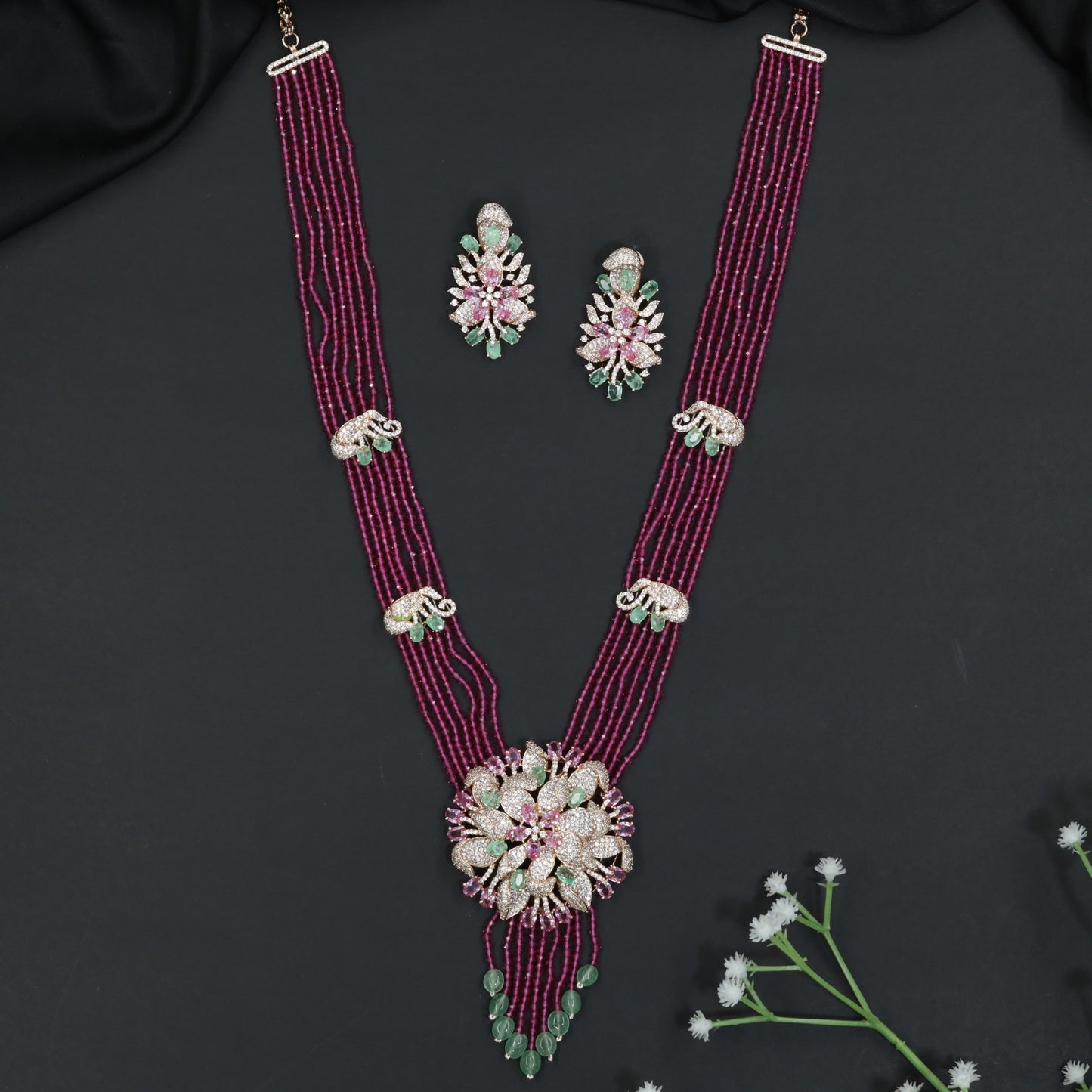 Floral Cluster Medallion Beads Necklace with Matching Earrings