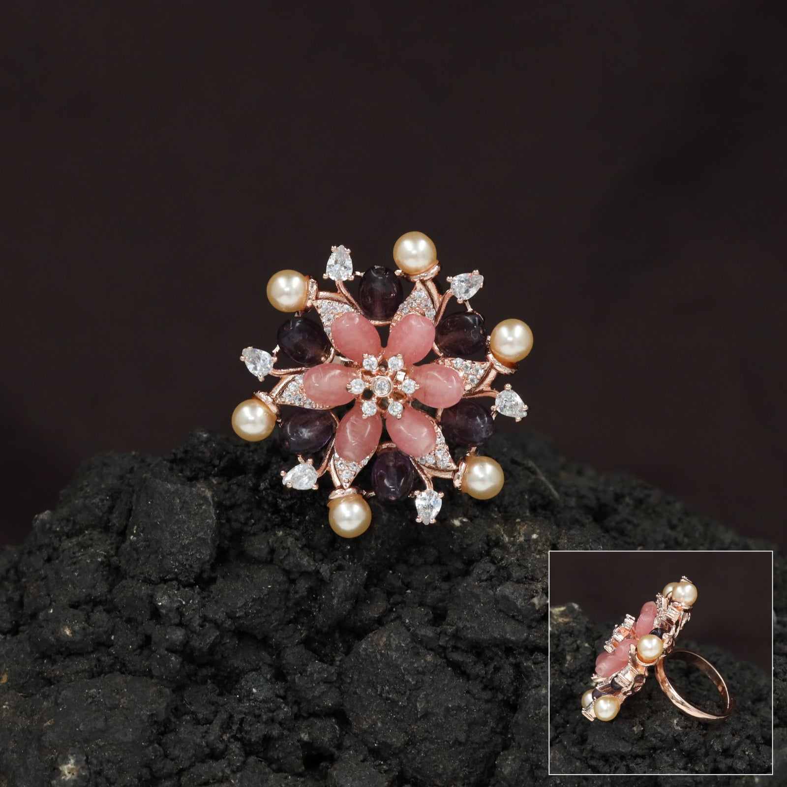 Pearl Tip Floral Rosette Crystal Finger Ring