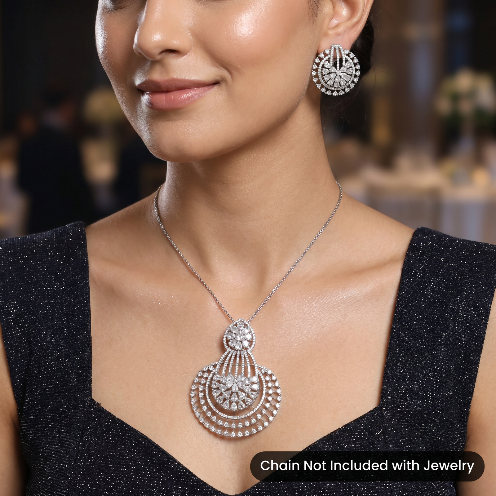 Elegant Pendant Set with Floral Centre and Halo Border