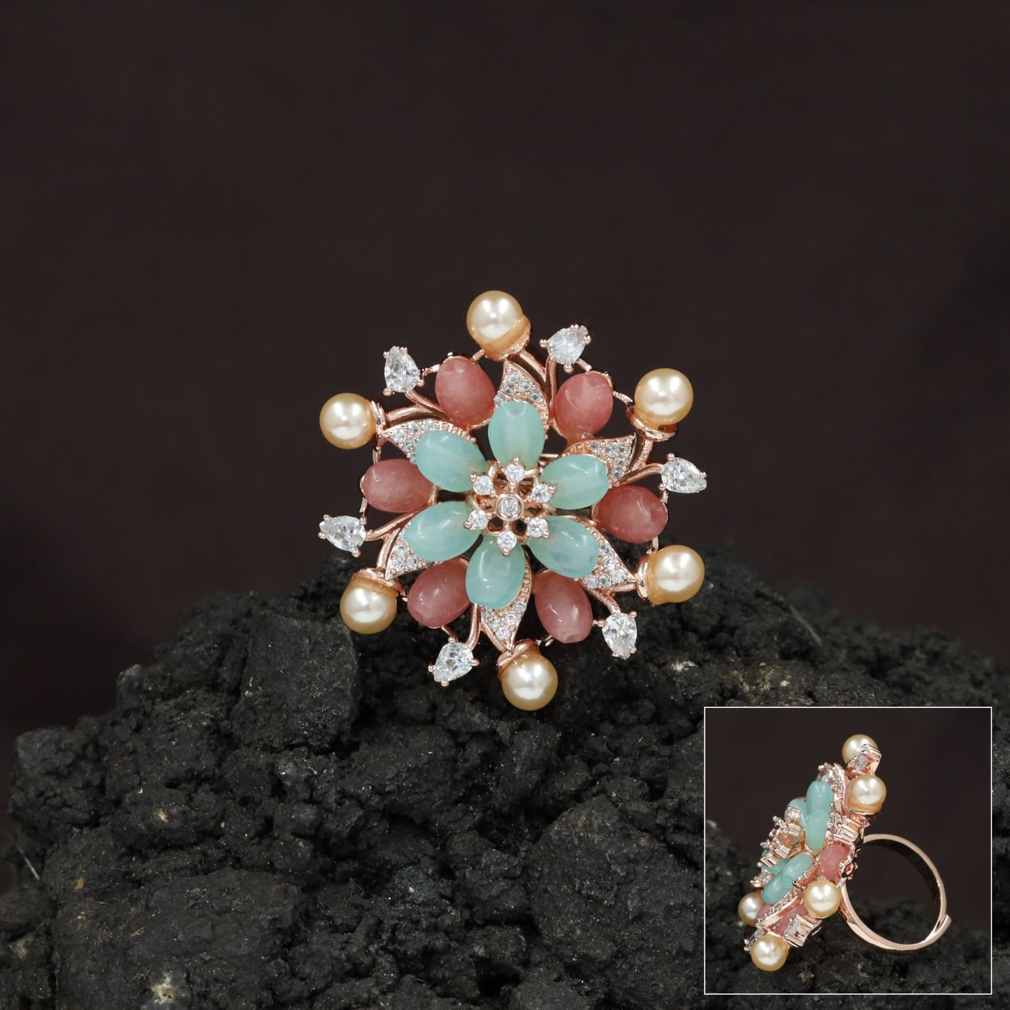 Pearl Tip Floral Rosette Crystal Finger Ring