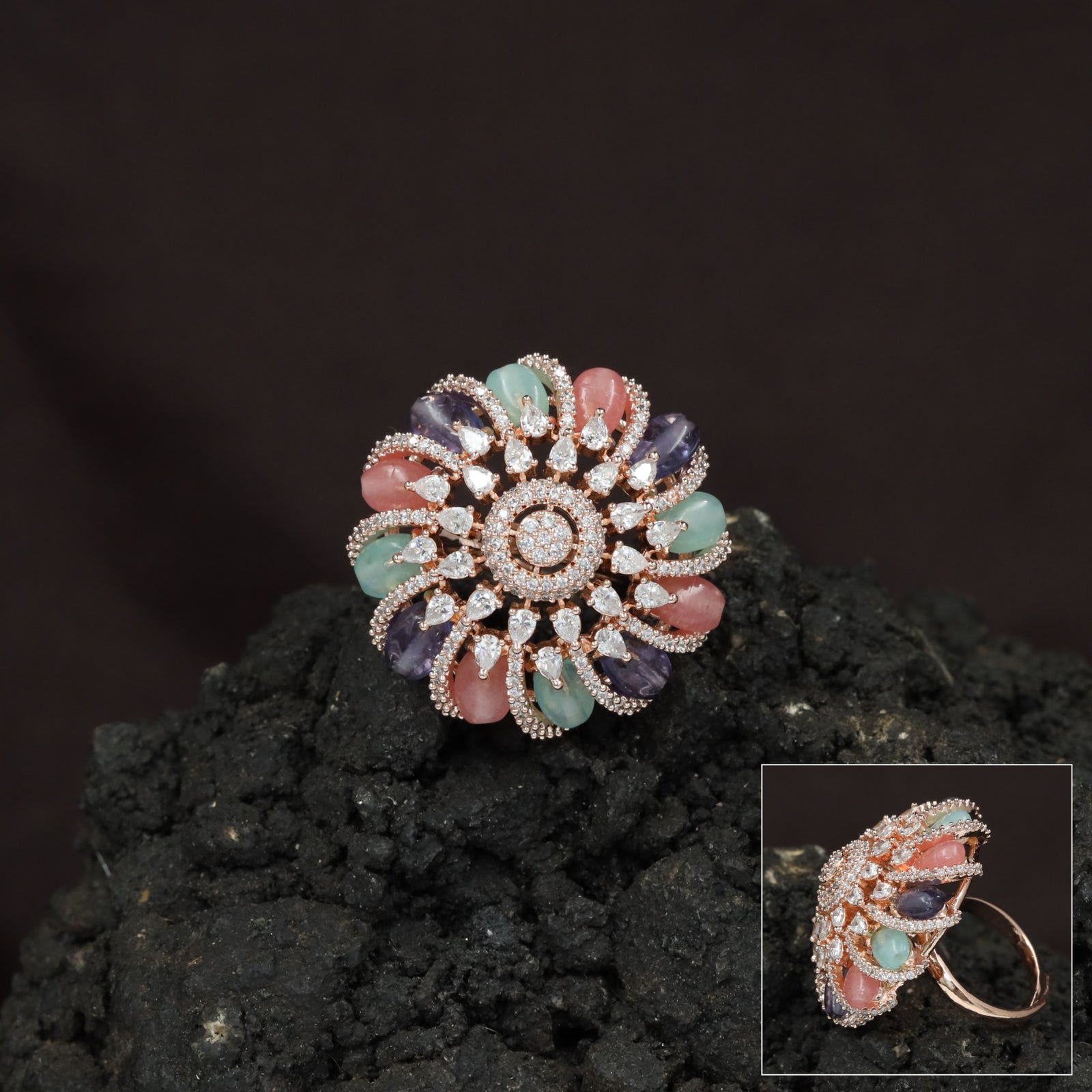Spiral Floral Crystal Finger Ring with Layered Petal Design