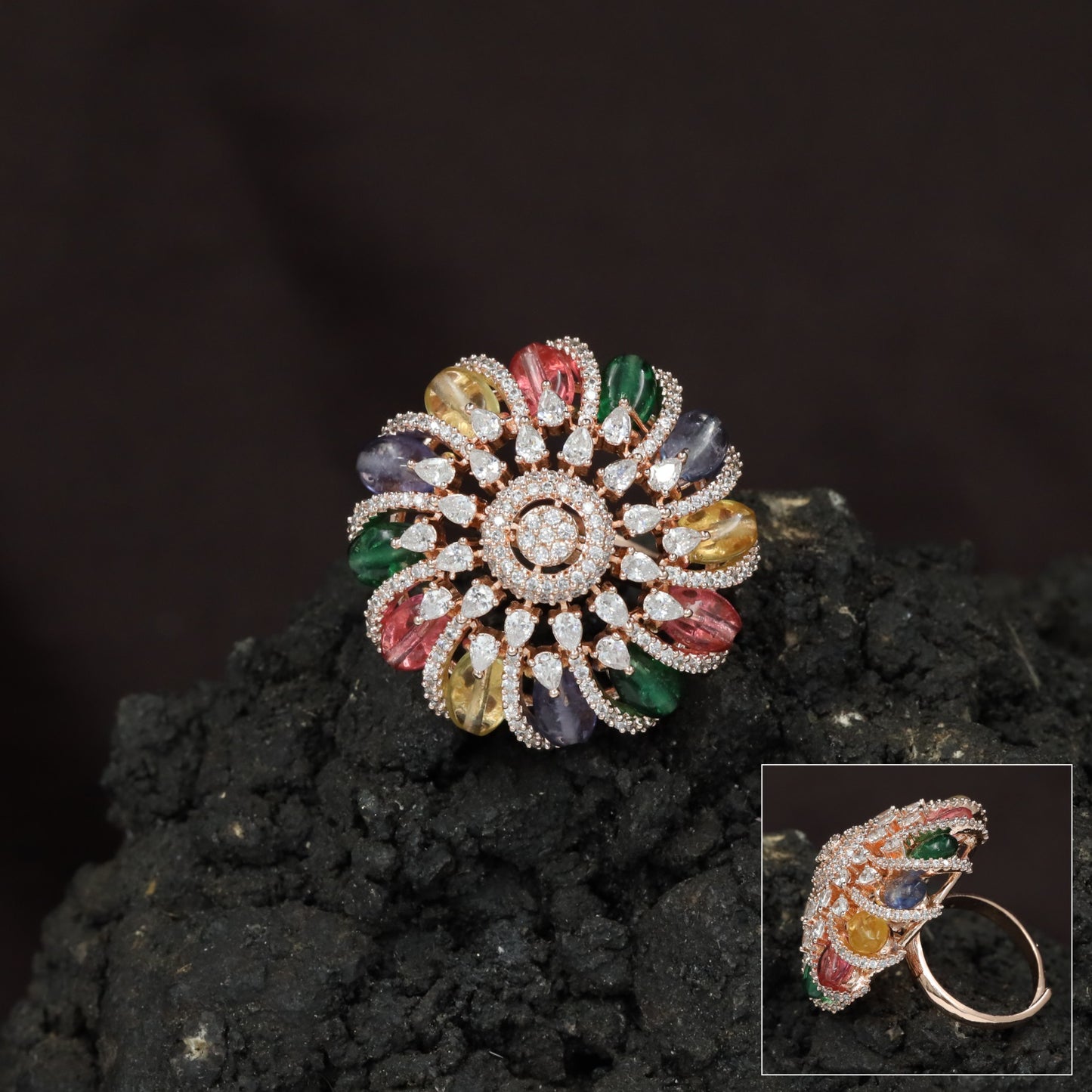 Spiral Floral Crystal Finger Ring with Layered Petal Design