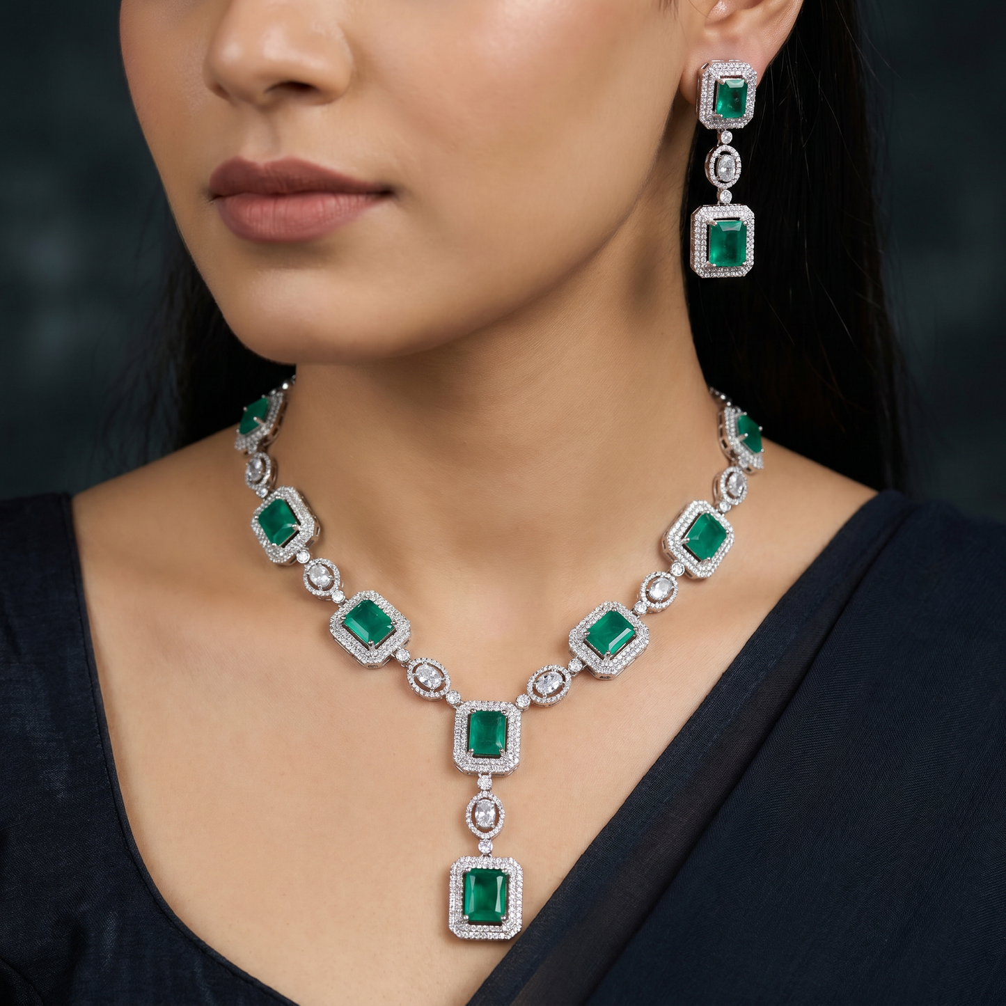Architectural Rhodium Necklace Set with Square Link Silhouette