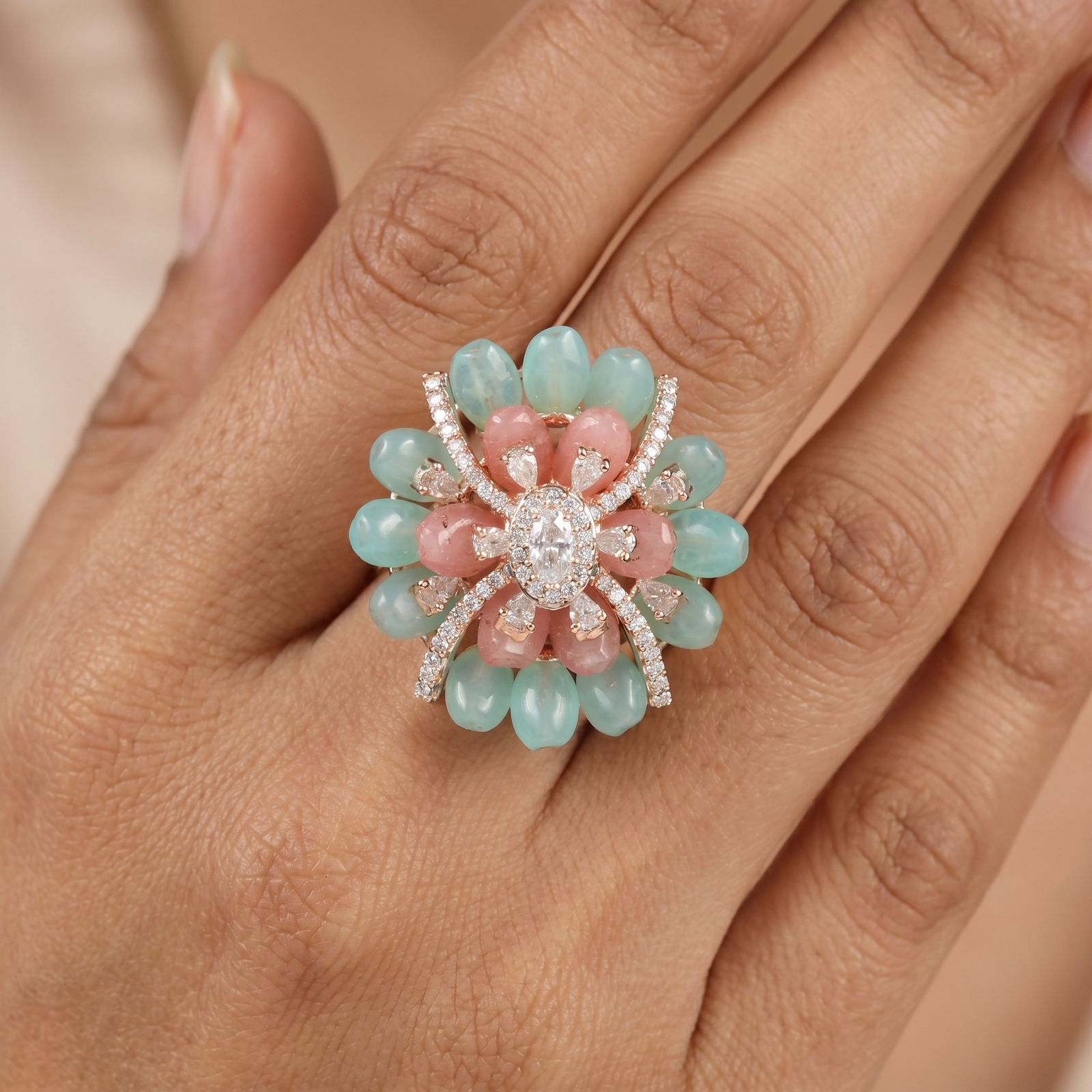 Floral Petal Crystal Finger Ring with Layered Bloom Design