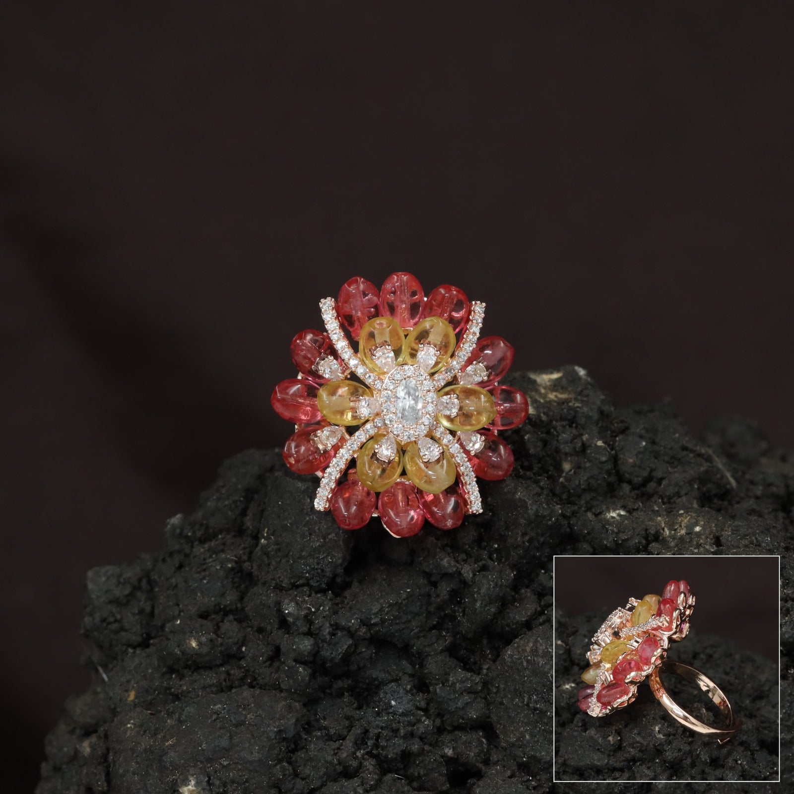 Floral Petal Crystal Finger Ring with Layered Bloom Design