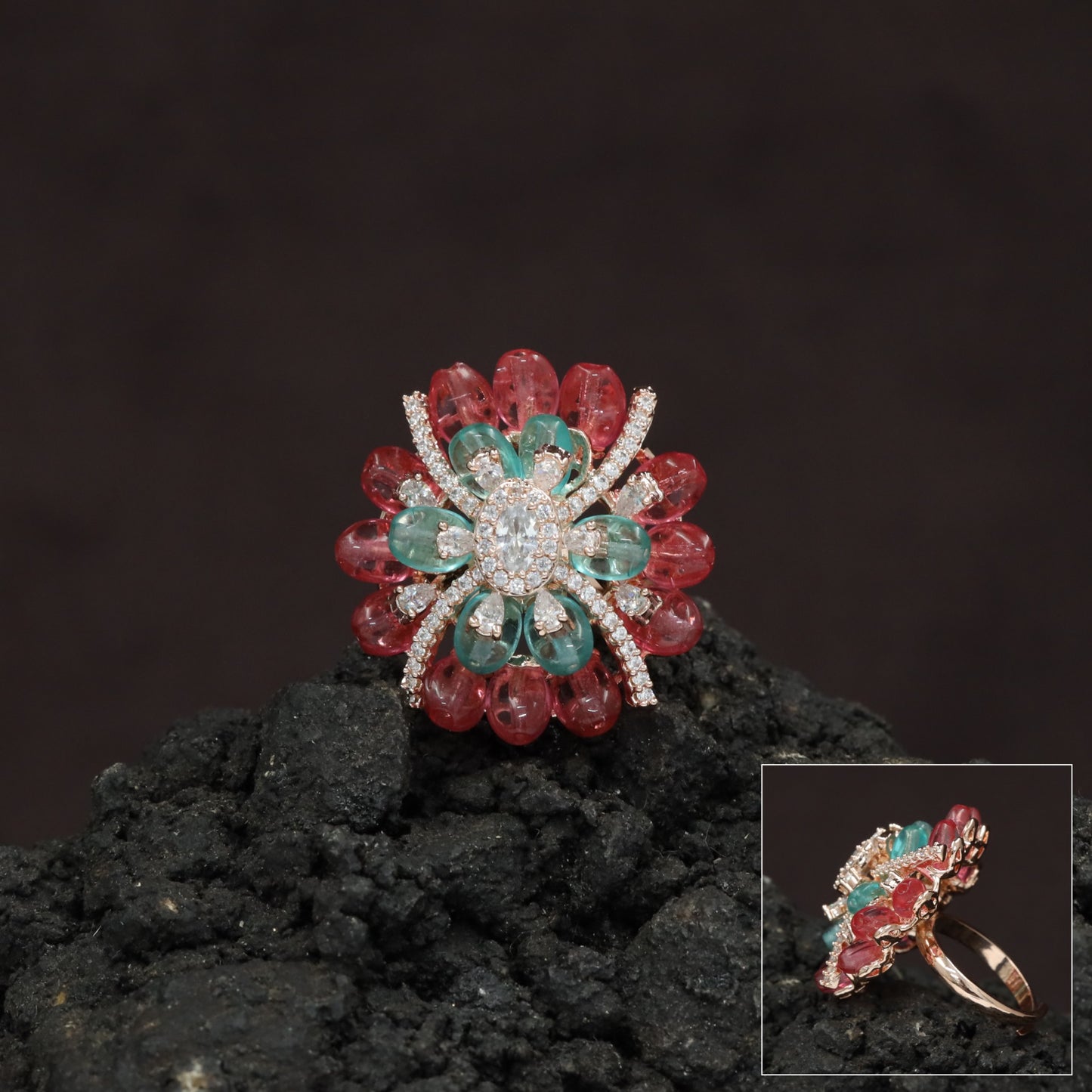 Floral Petal Crystal Finger Ring with Layered Bloom Design