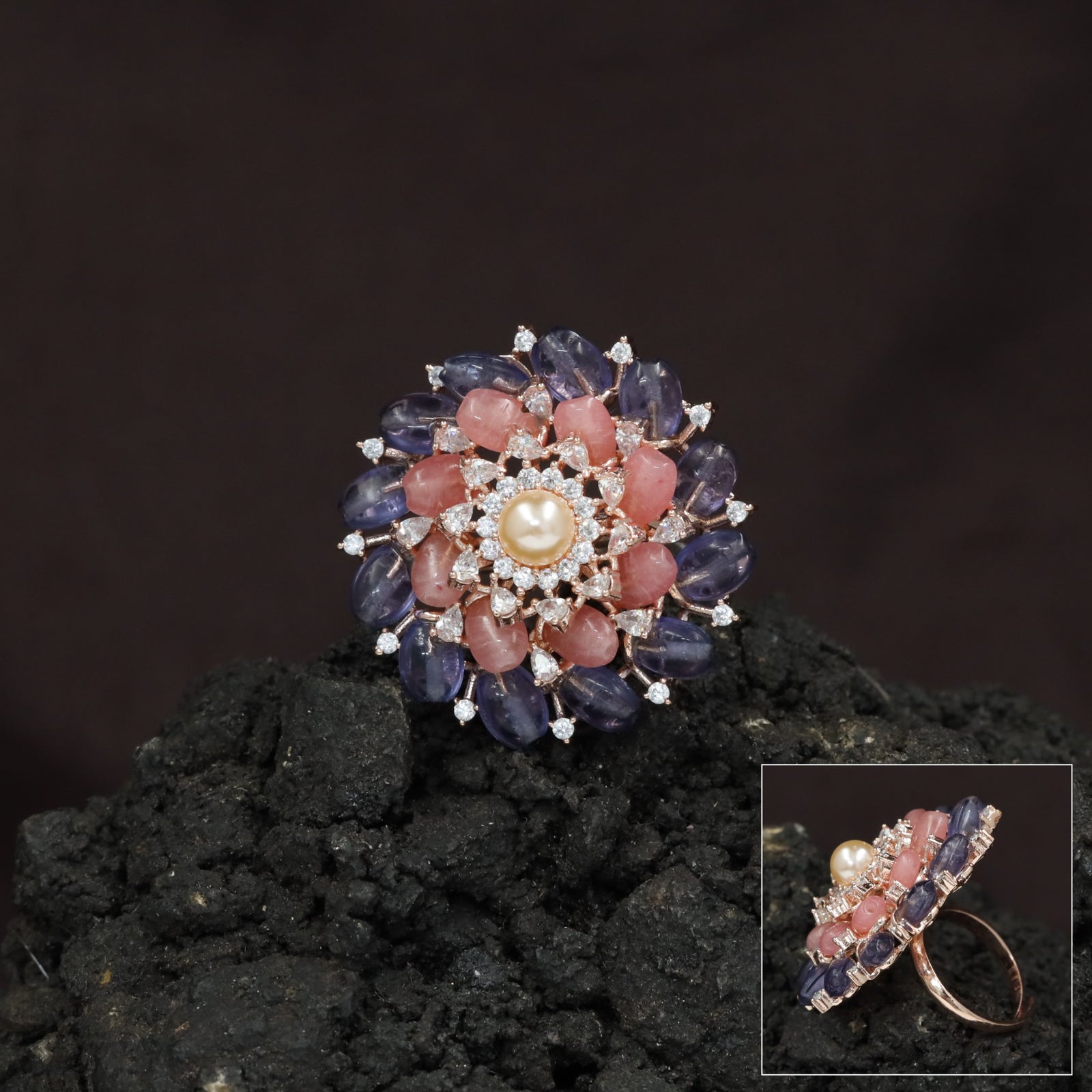Multi Petal Crystal Finger Ring with Pearl Centerpiece