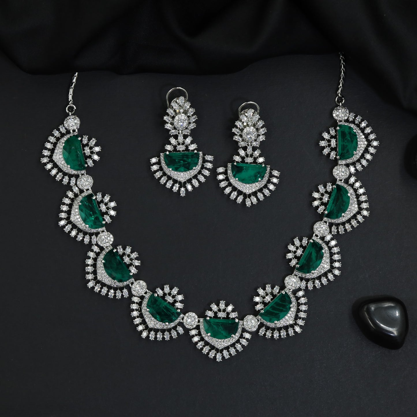 Radiant delicate halo border rhodium necklace with hanging tiered earrings