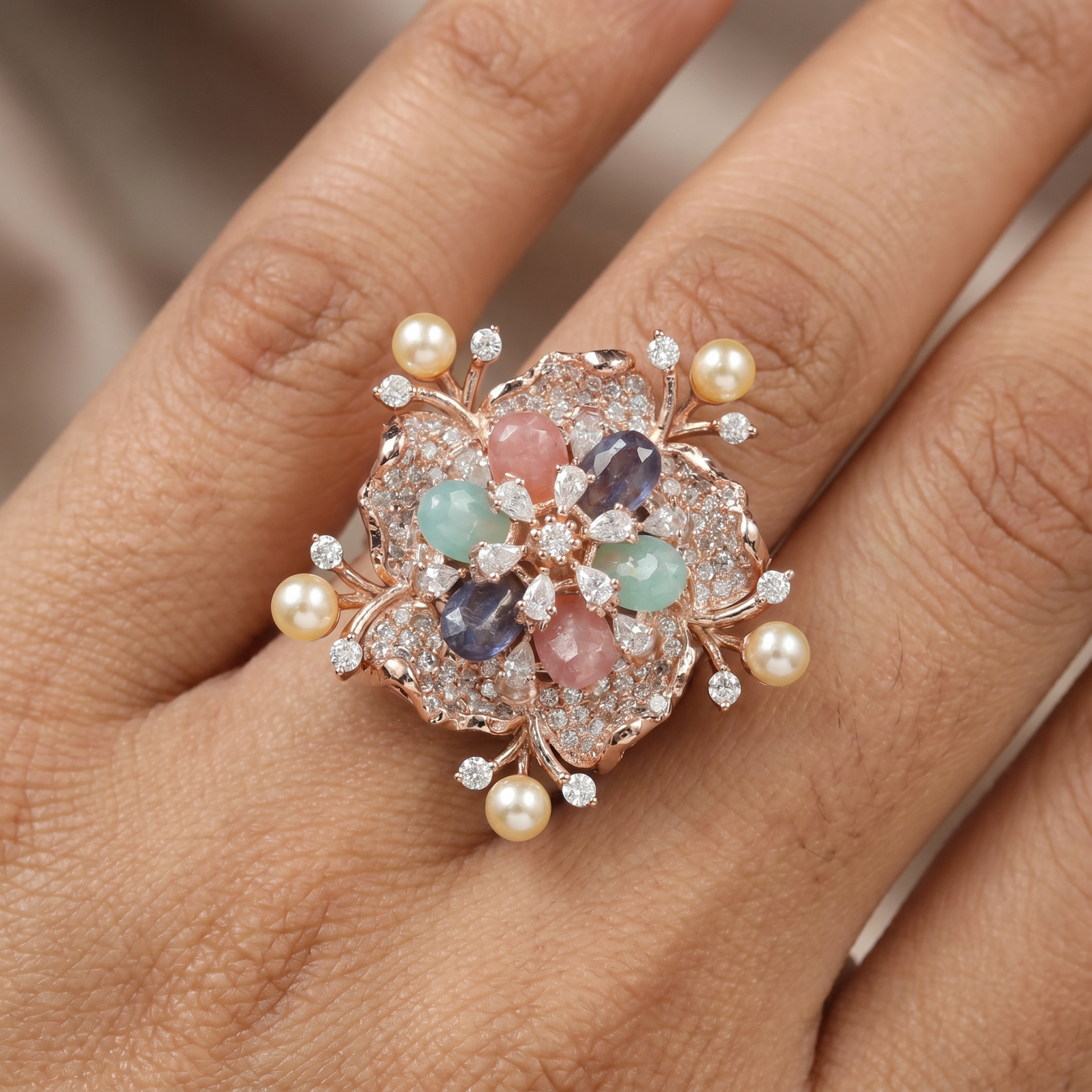 Floral Pearl Crystal Finger Ring with Petal Cluster Design