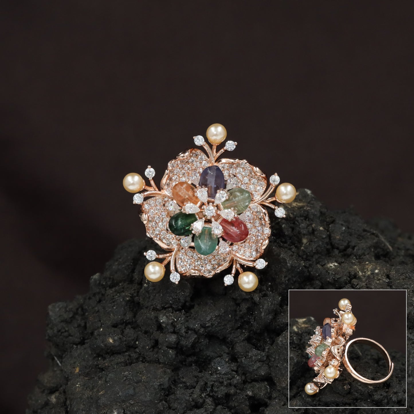 Floral Pearl Crystal Finger Ring with Petal Cluster Design