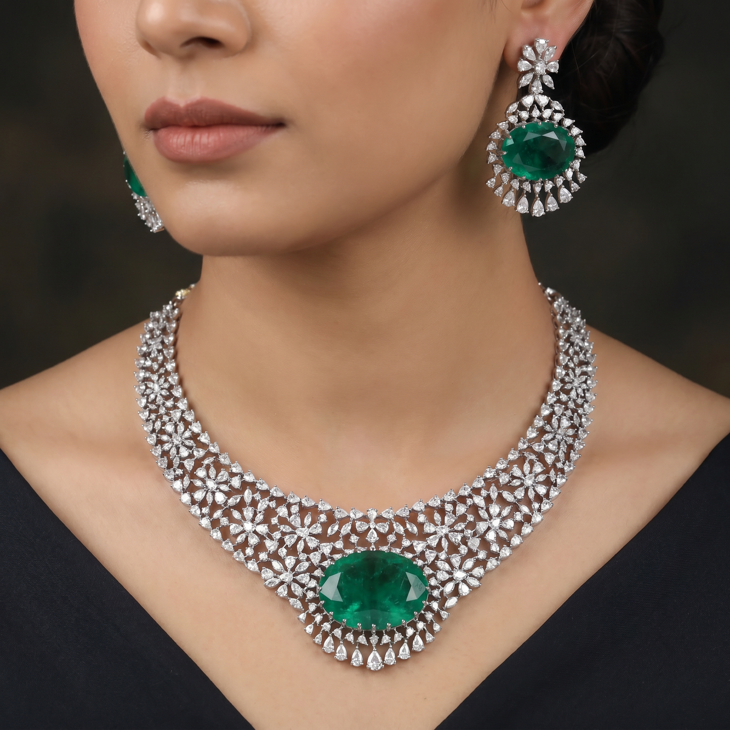 Traditional floral cluster mesh rhodium necklace set with a large oval centerpiece