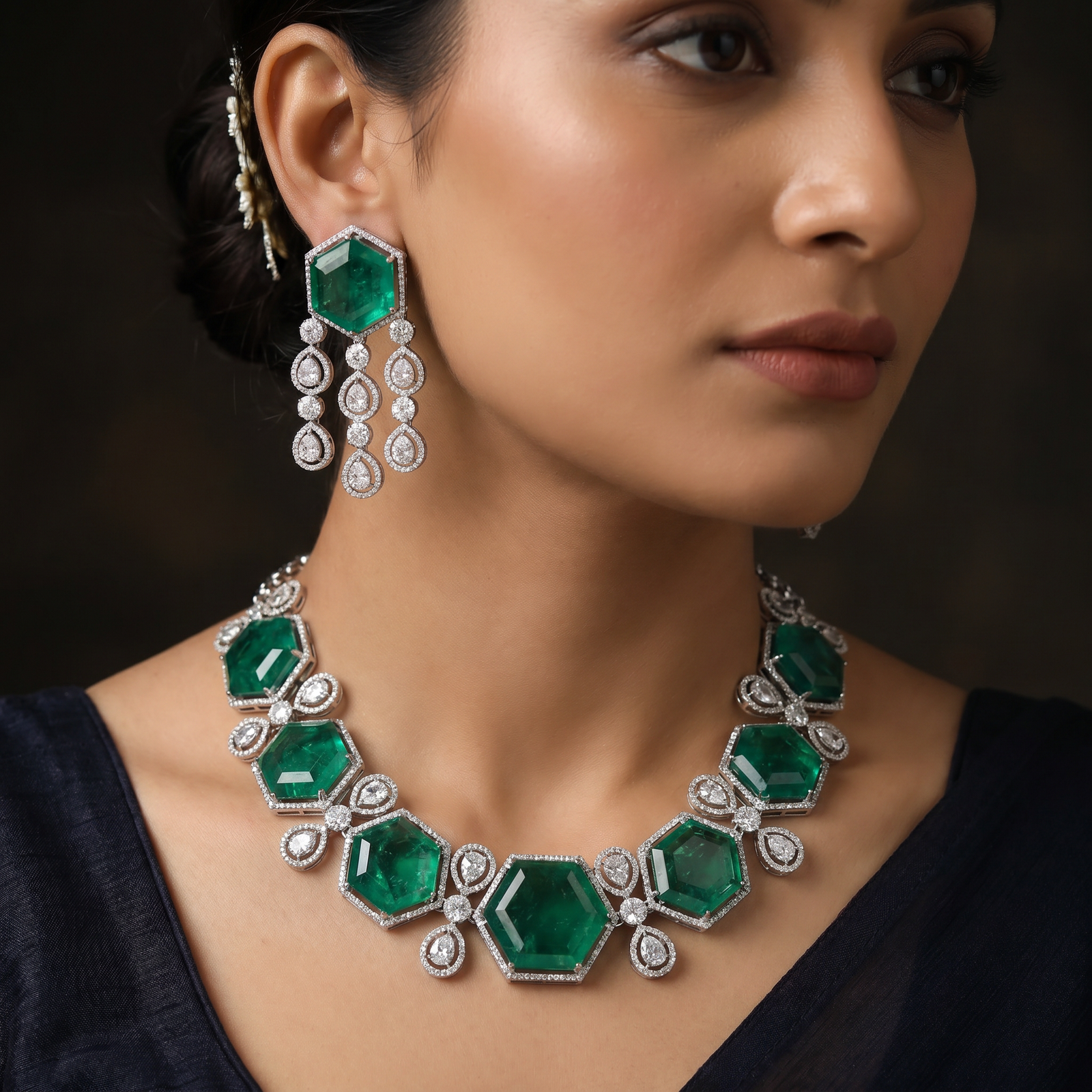 Fine polished frame rhodium necklace featuring graduating geometric linked medallions
