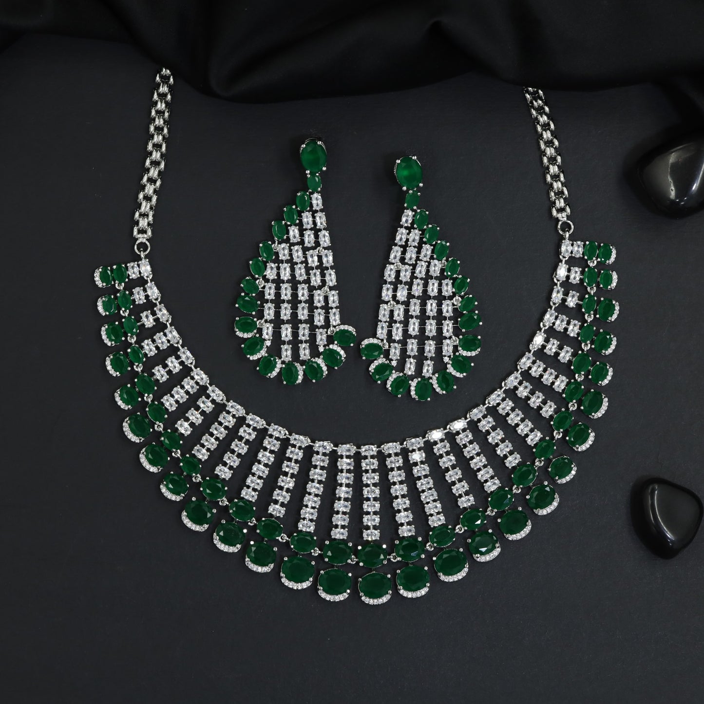 Radiant delicate cascading frame rhodium necklace with heavy statement earrings