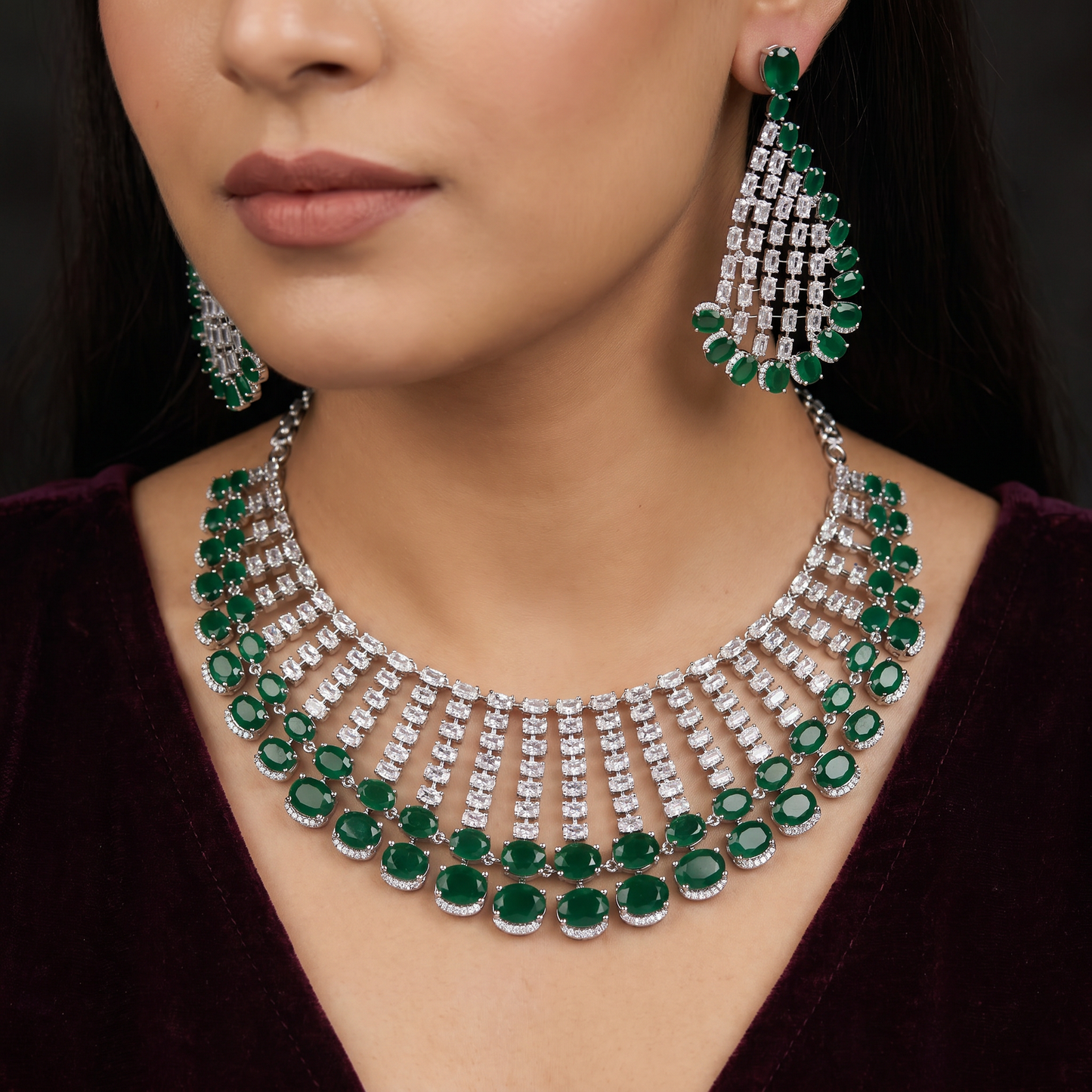 Radiant delicate cascading frame rhodium necklace with heavy statement earrings