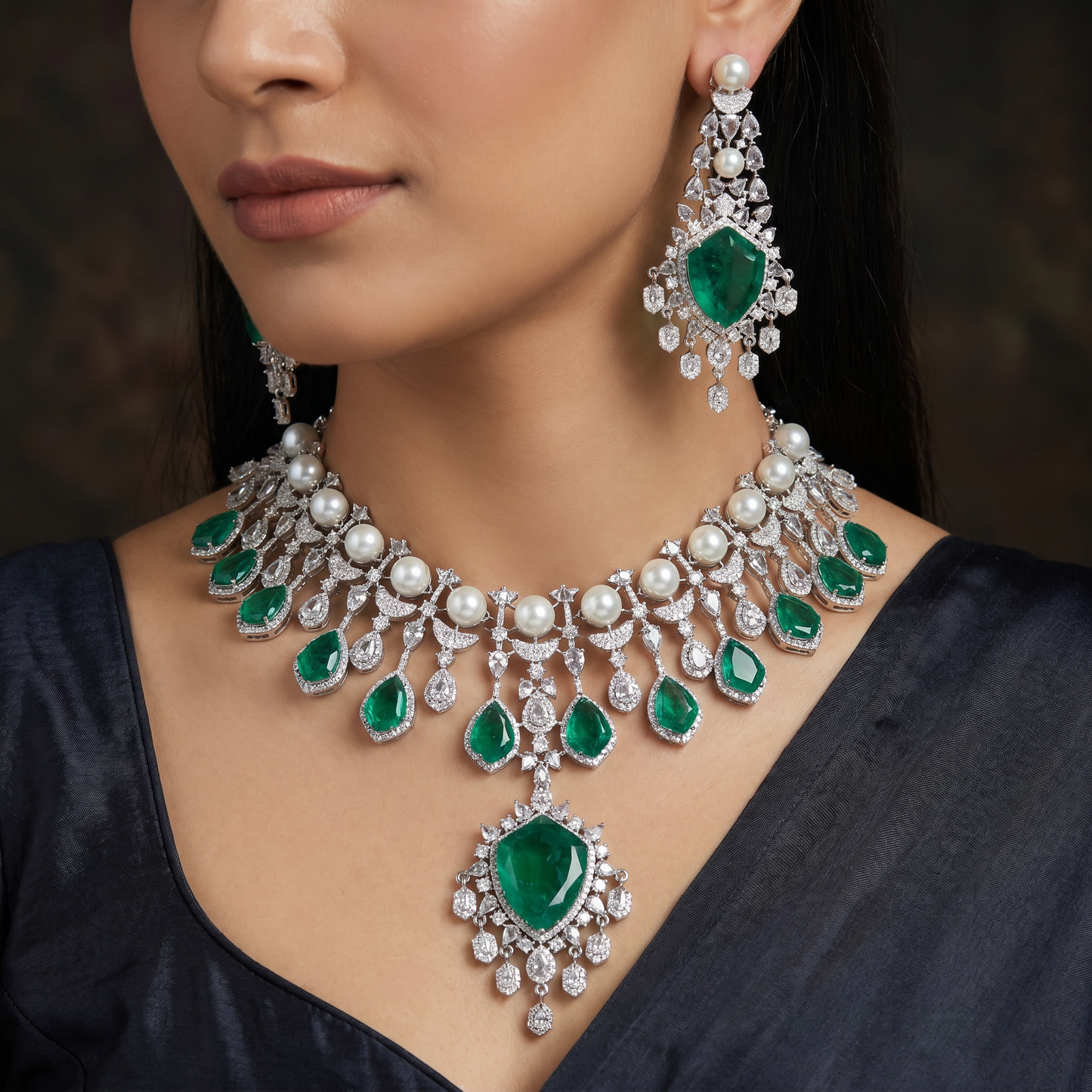 Radiant textured cluster rhodium necklace with dramatic tiered statement studs