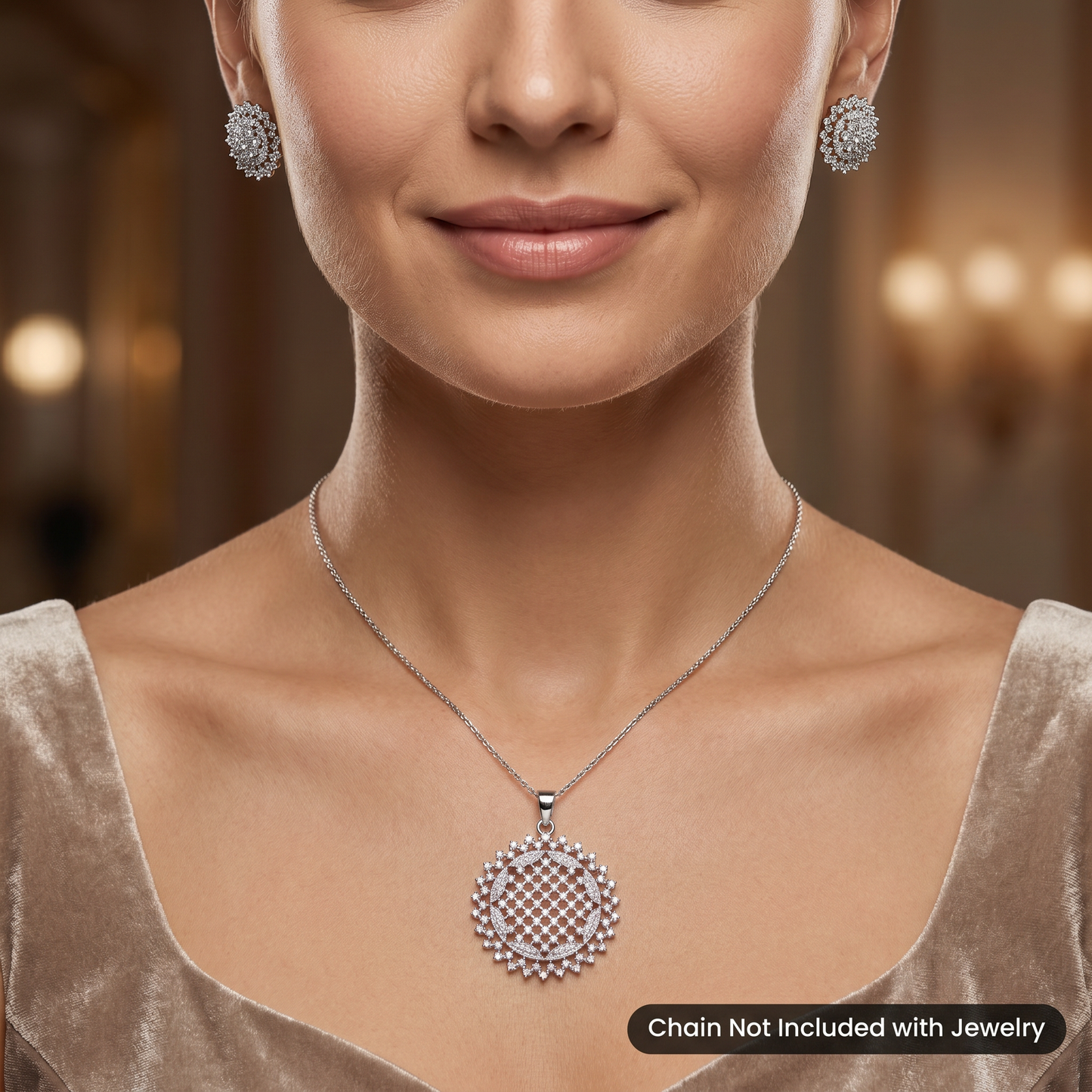 Statement Pendant Set with Floral Centre and Openwork Design