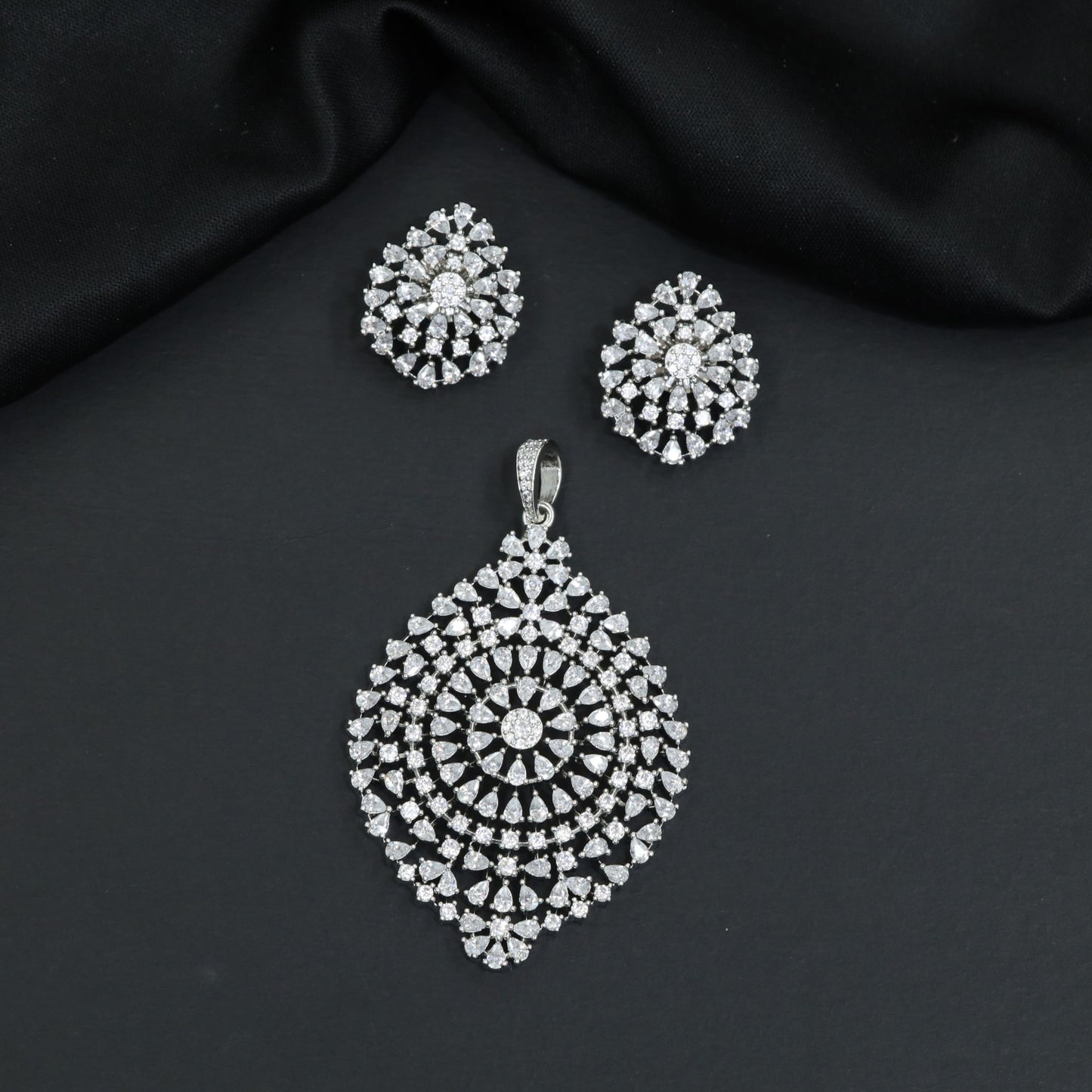 Teardrop Pendant Set with Intricate Border Detailing and Matching Earrings