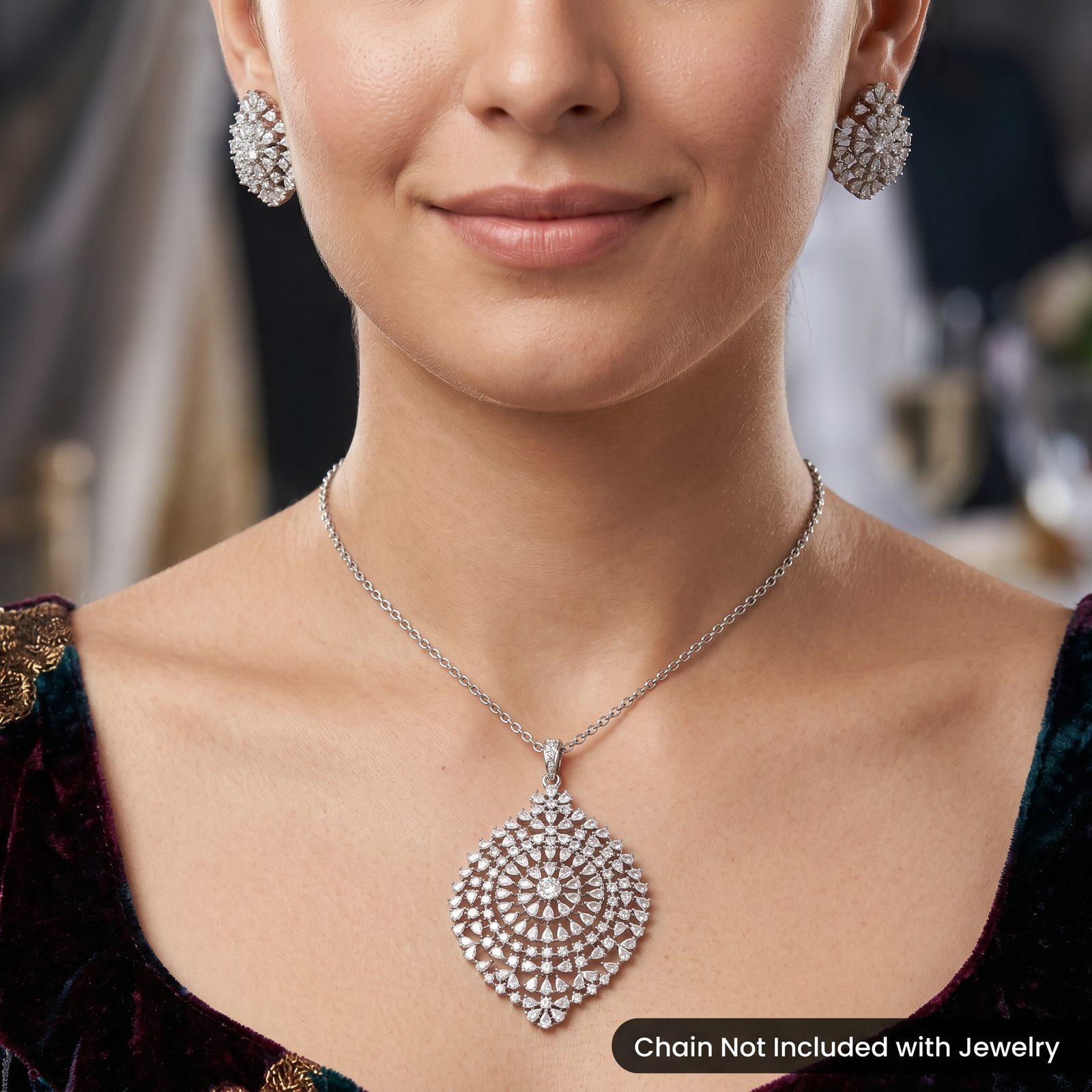 Teardrop Pendant Set with Intricate Border Detailing and Matching Earrings