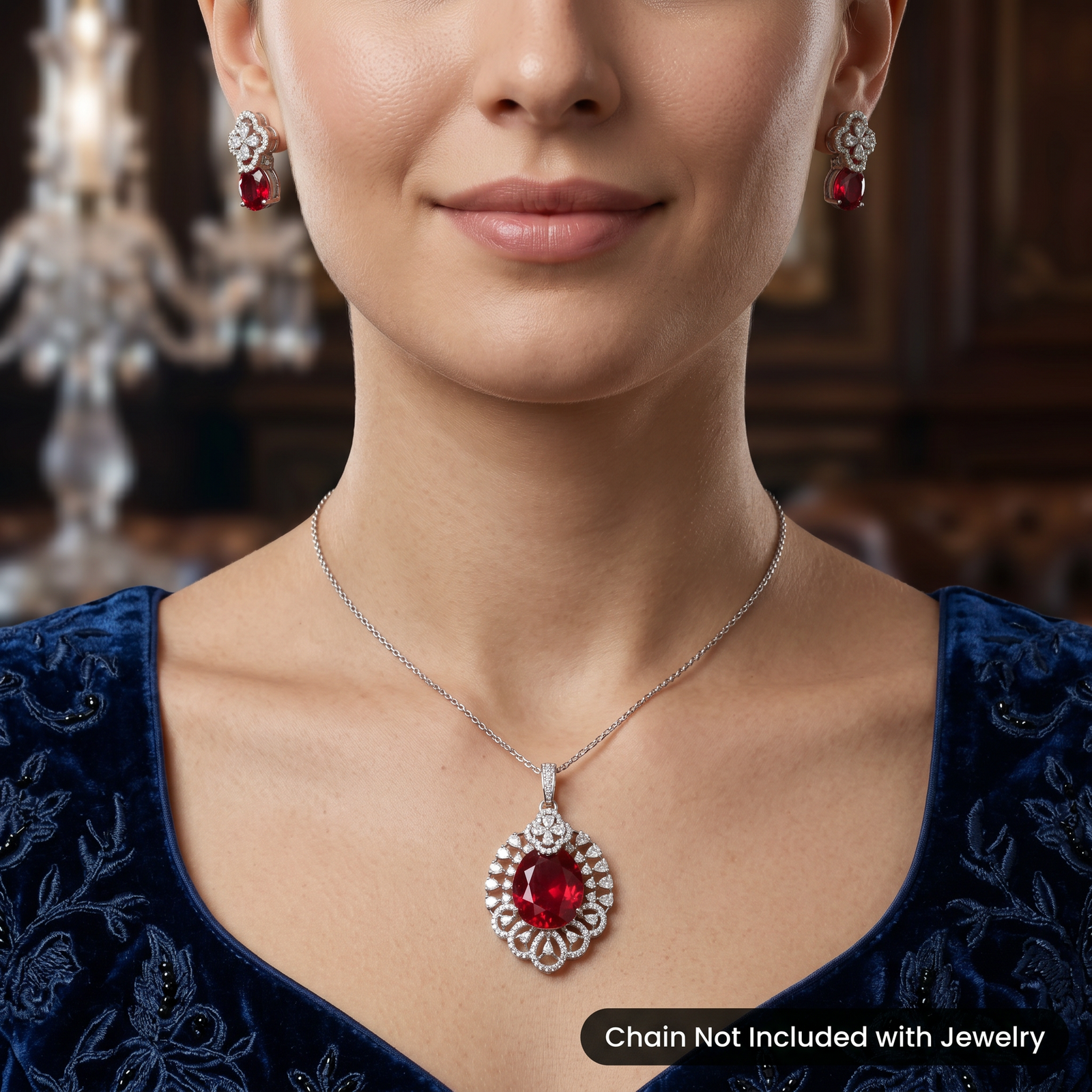 Floral Pendant Set with Decorative Border and Drop Design