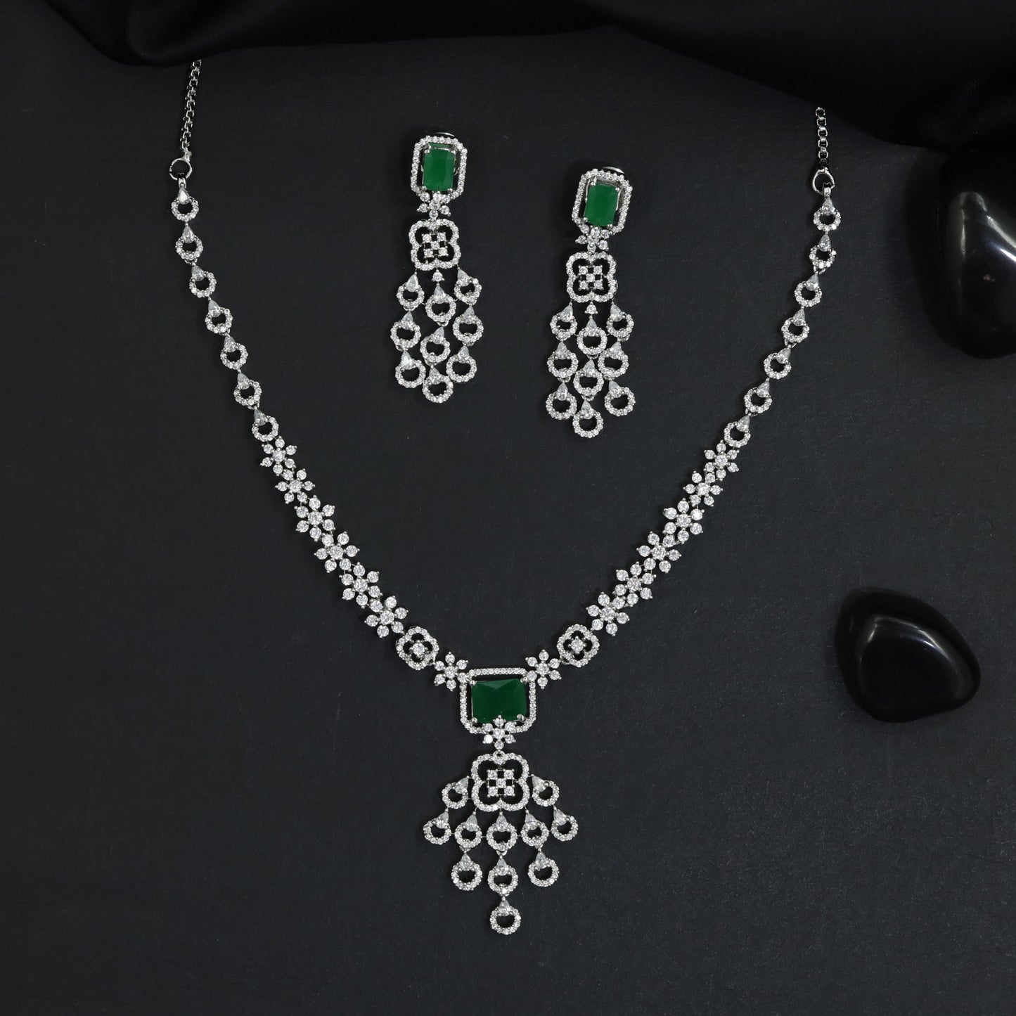 Celebration Wear Rhodium Necklace Set with Heart Link Tassel Design