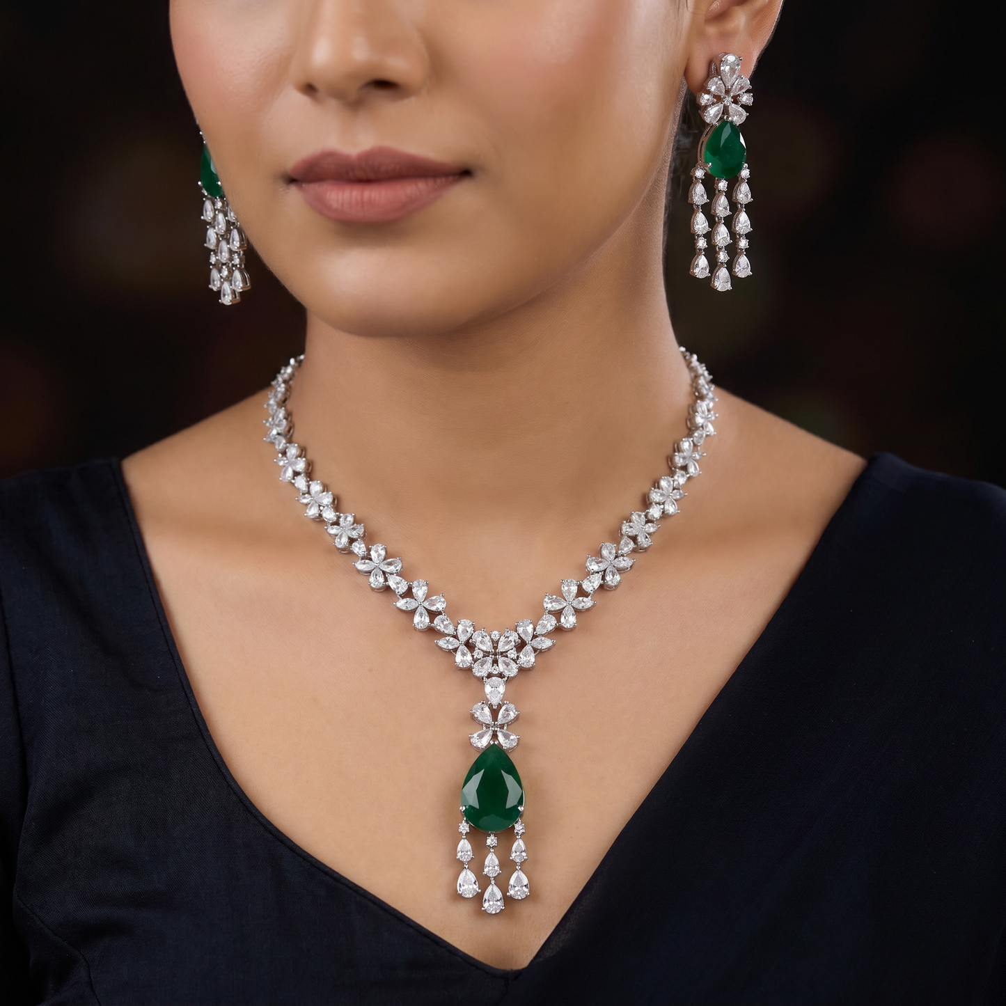 Festoon Floral Rhodium Necklace Set with Garland Link Design