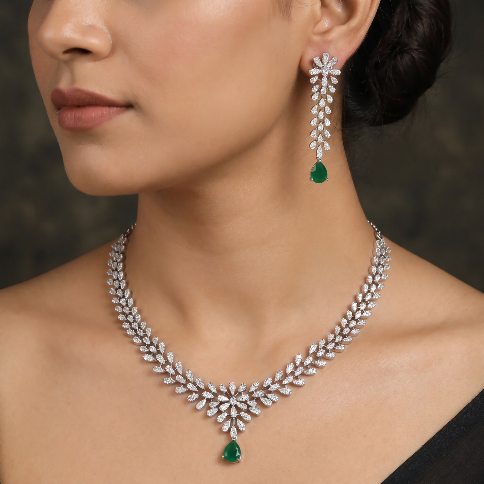 Heritage Leaf Trail Rhodium Necklace Set with Floral Crest Accent