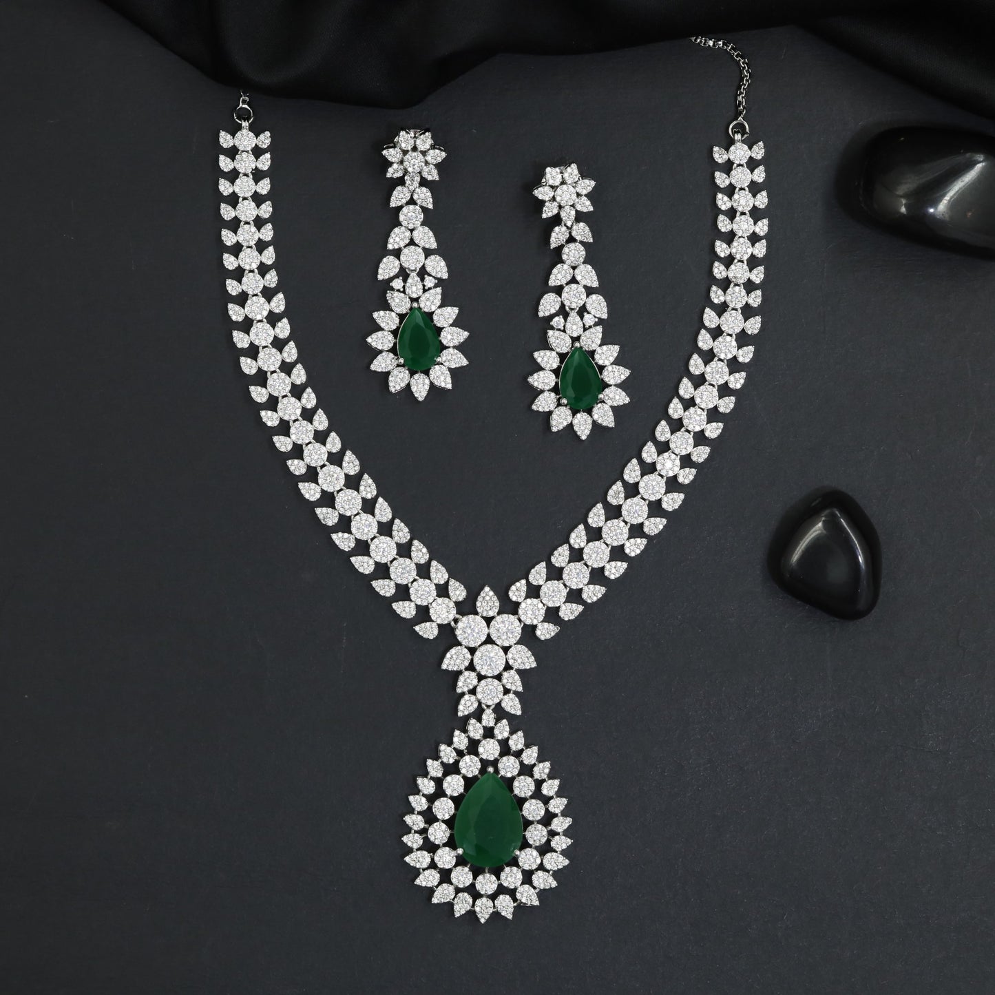 Classic Halo Rhodium Necklace Set with Pear Drop Focal Point