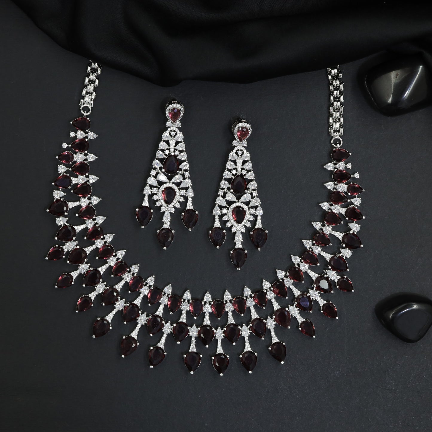 Chandelier Drop Rhodium Necklace Set with Scalloped Garland Pattern