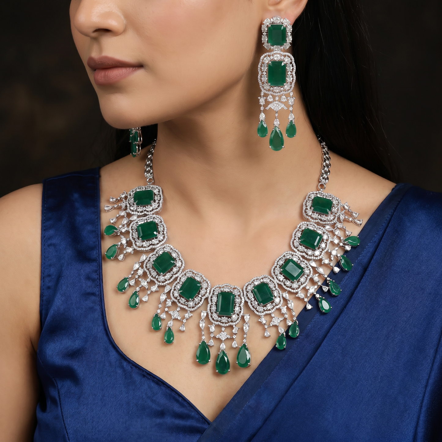 Geometric Medallion Rhodium Necklace Set with Scalloped Silhouette