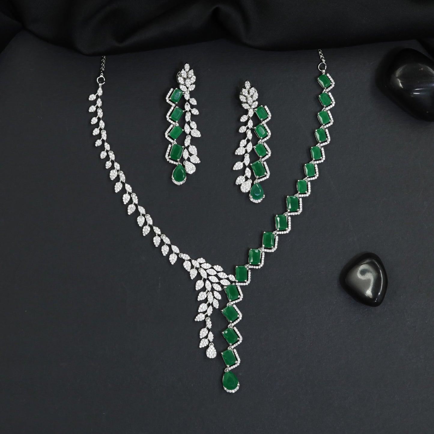 Grand Occasion Rhodium Necklace Set with Cascading Leaf Link Pattern