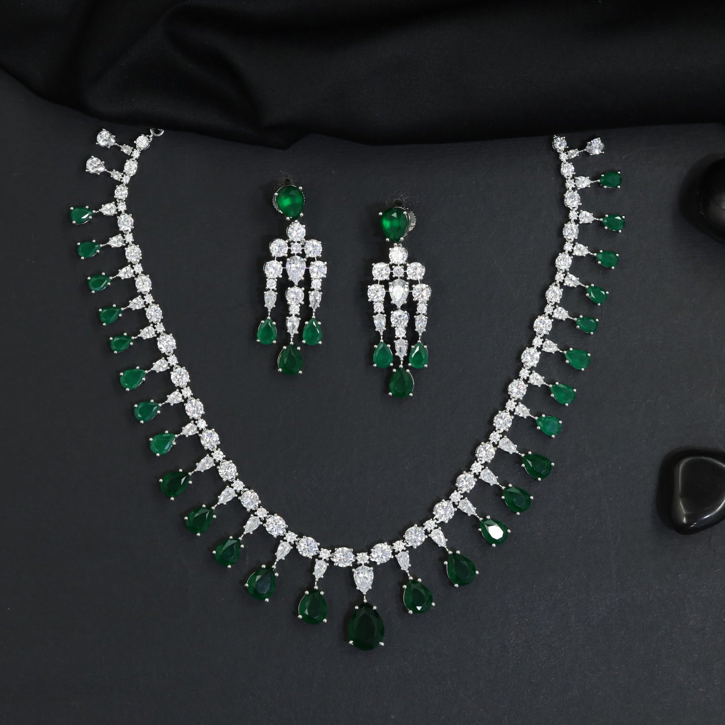 Art Deco Inspired Rhodium Necklace Set with Layered Garland Styling