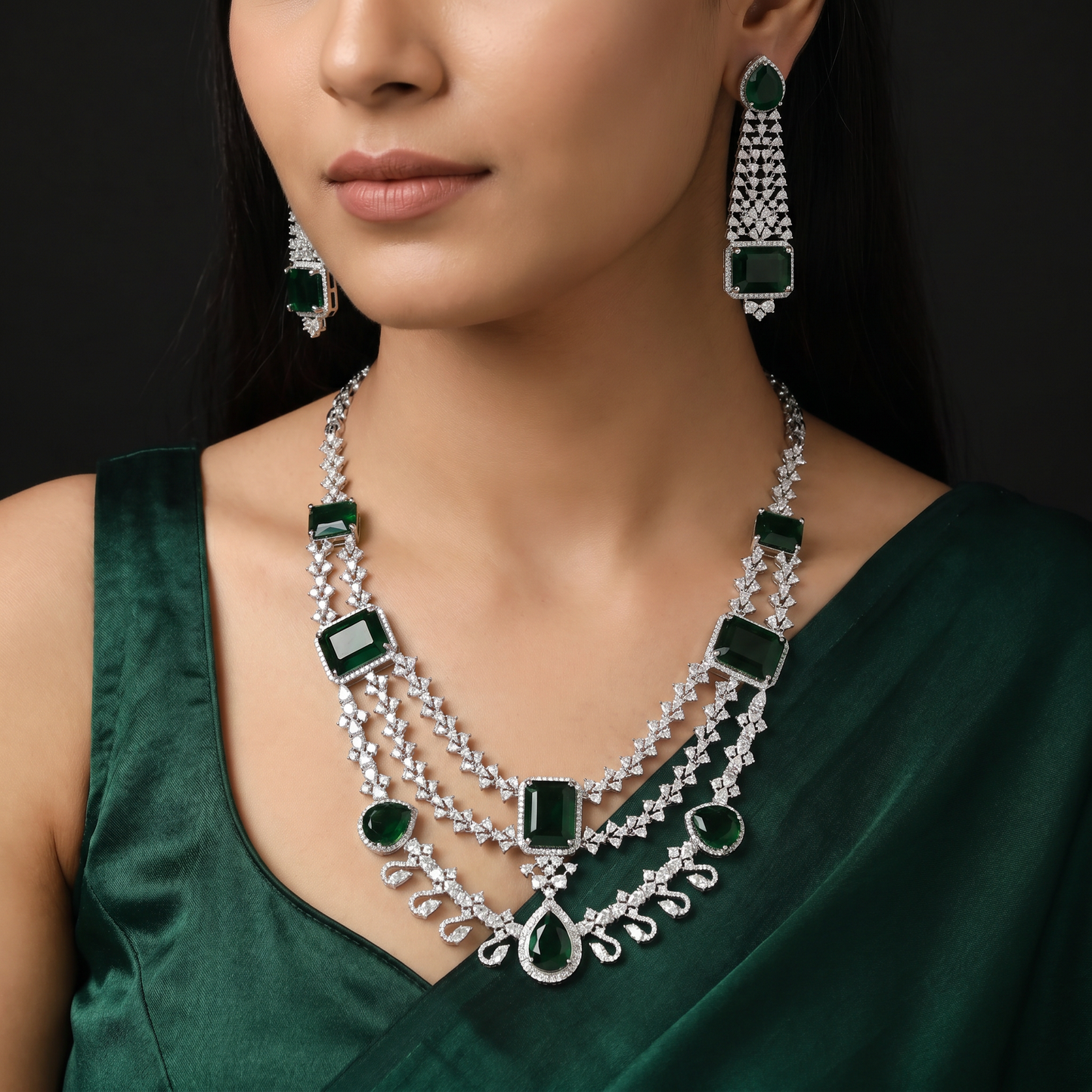 Pear Medallion Rhodium Necklace Set with Halo Drop Detailing