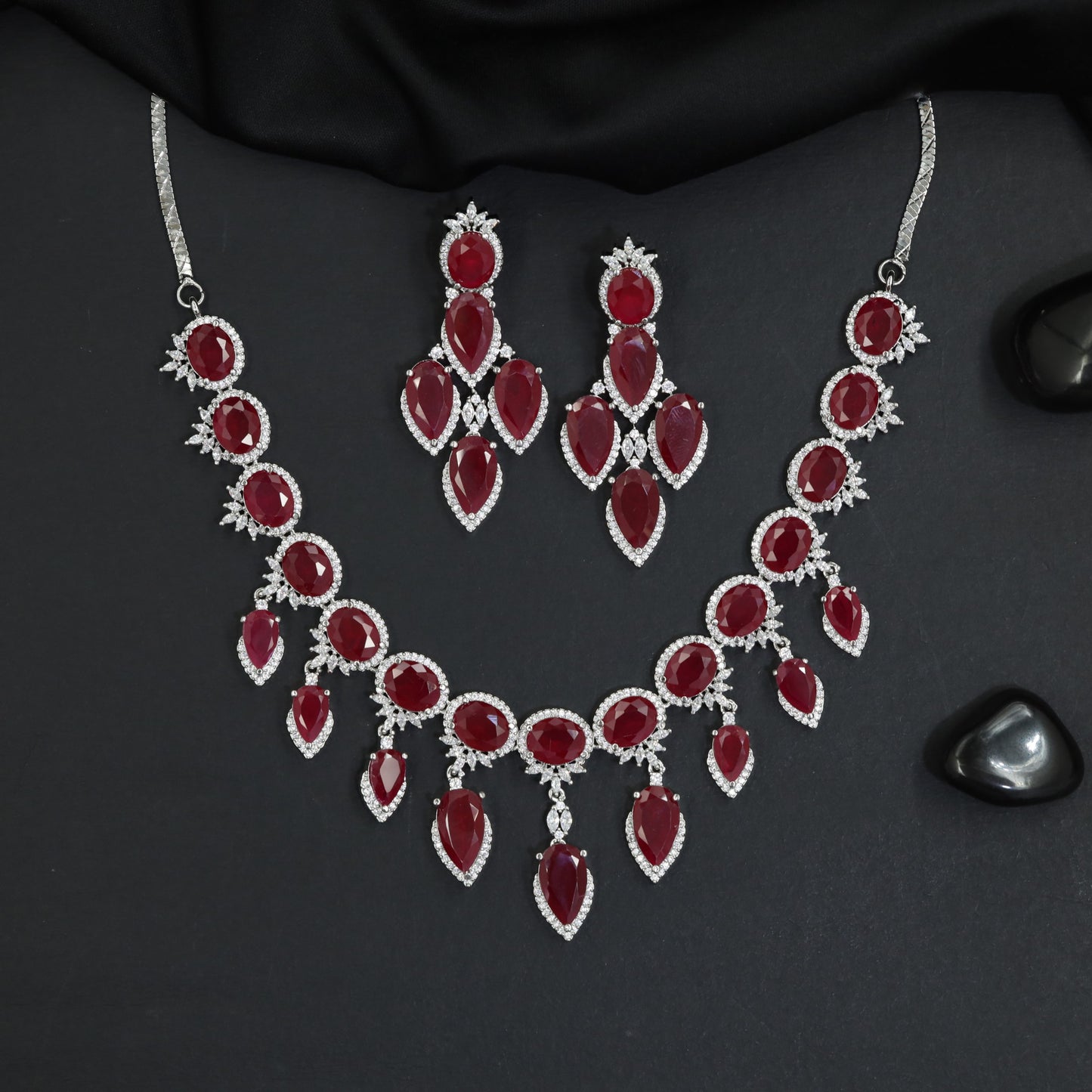 Vintage Inspired Rhodium Necklace Set with Teardrop Fringe Styling