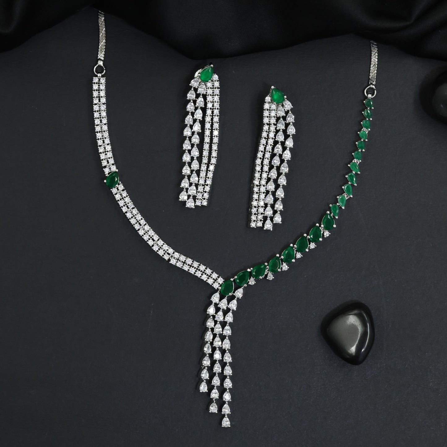 Grand Occasion Rhodium Necklace Set with Y-Line Cascade Design