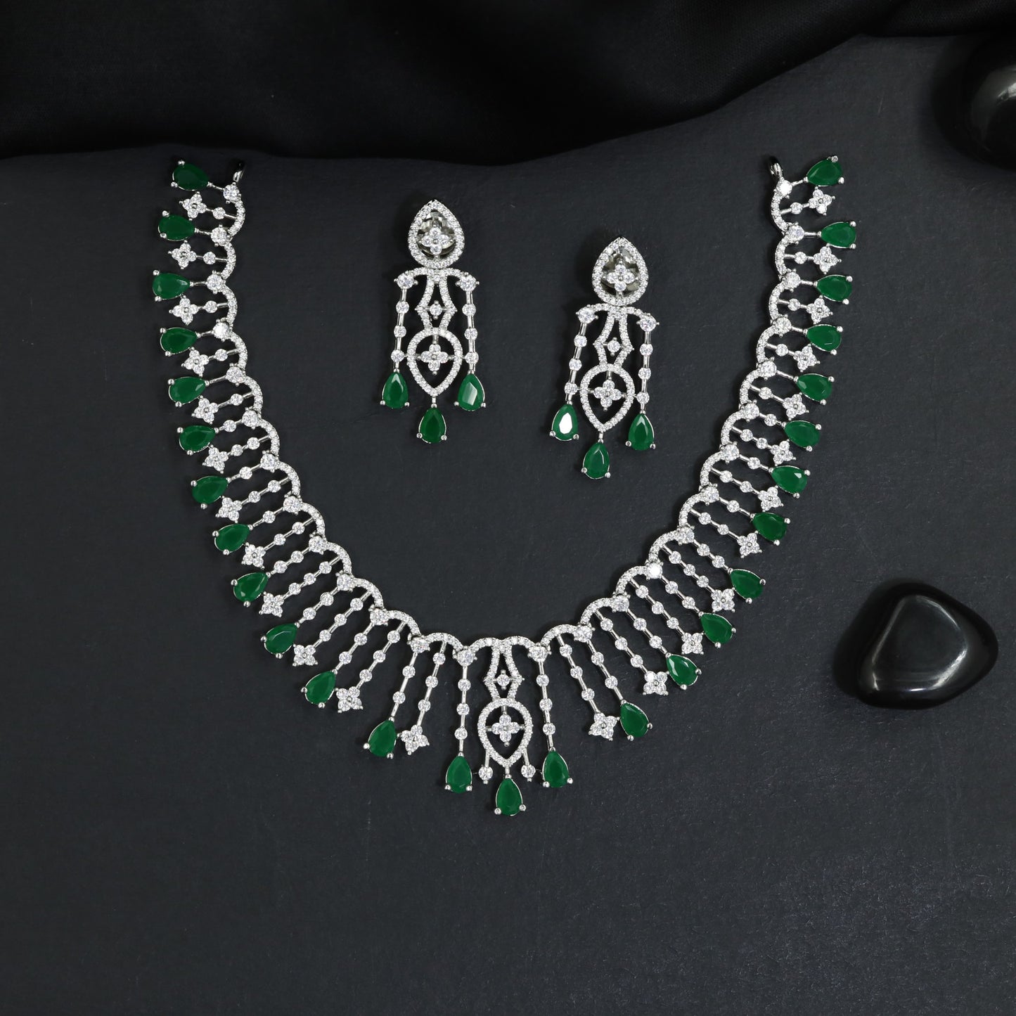 Botanical Garland Rhodium Necklace Set with Tassel Fringe Styling