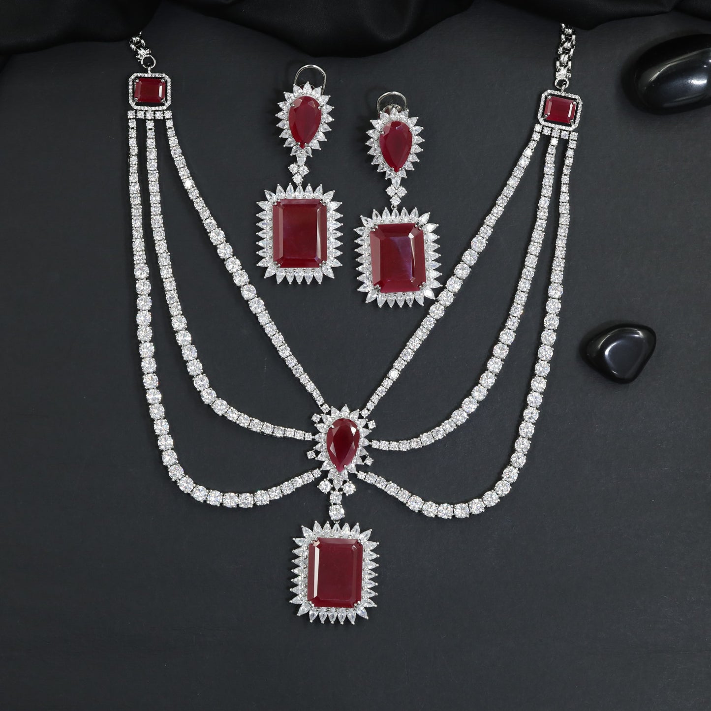 Art Deco Rhodium Necklace Set with Geometric Drop Pendants