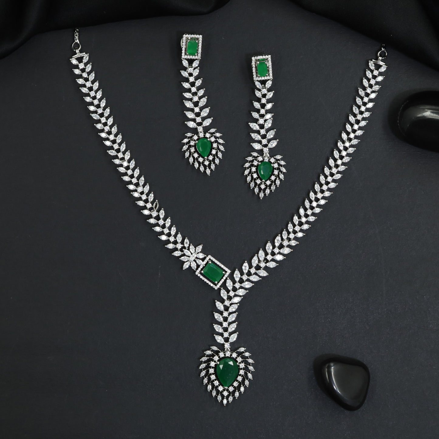 Trendy Y-Drop Rhodium Necklace Set with Geometric Station Detailing