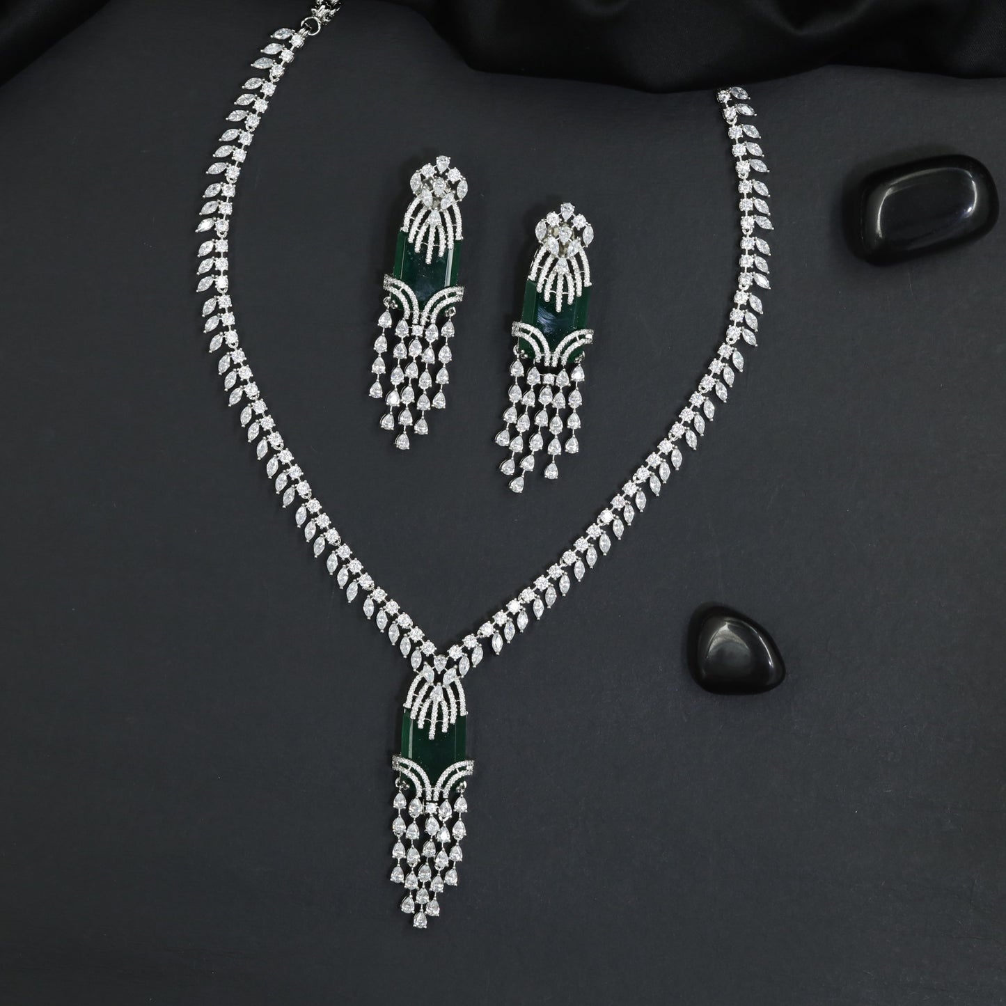 Contemporary Y-Silhouette Rhodium Long Haara with Matching Earrings
