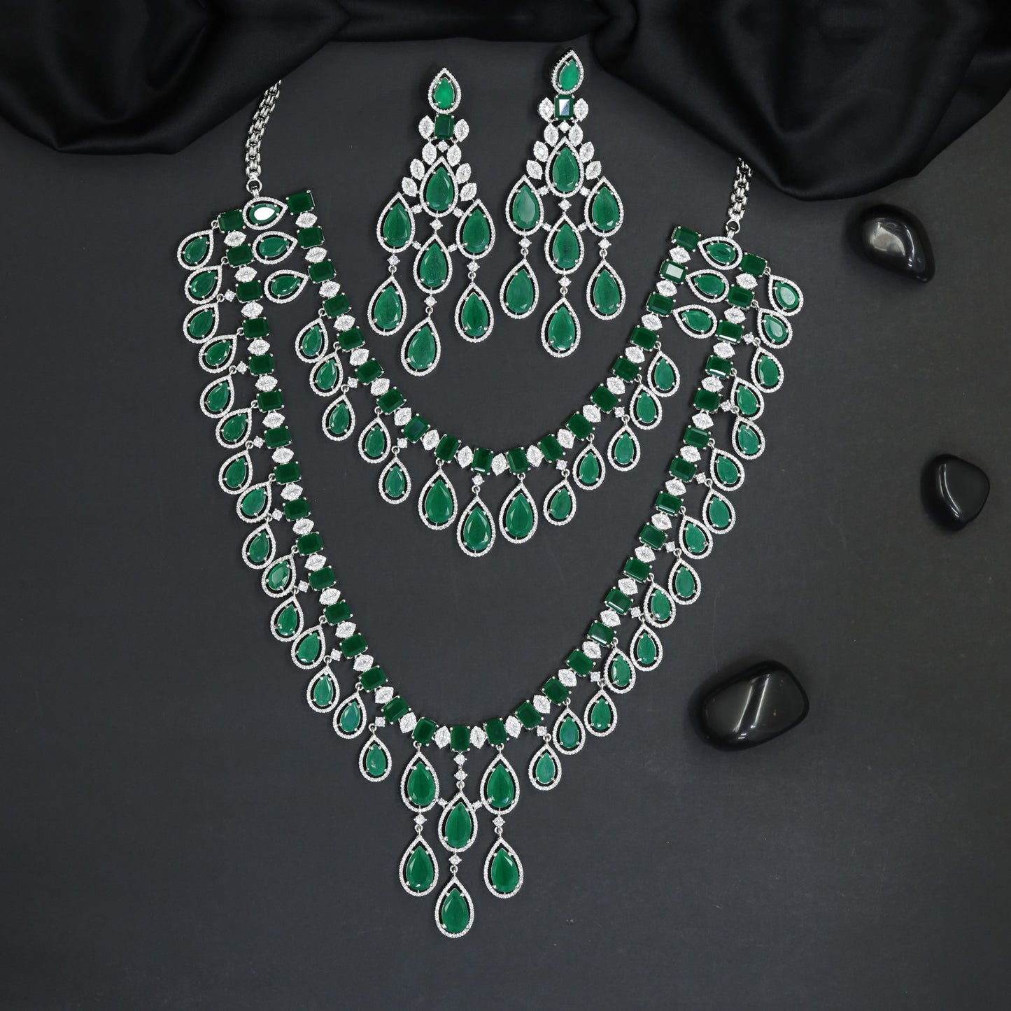 Regal Double Strand Rhodium Long Haara with Cascading Pendant Drops