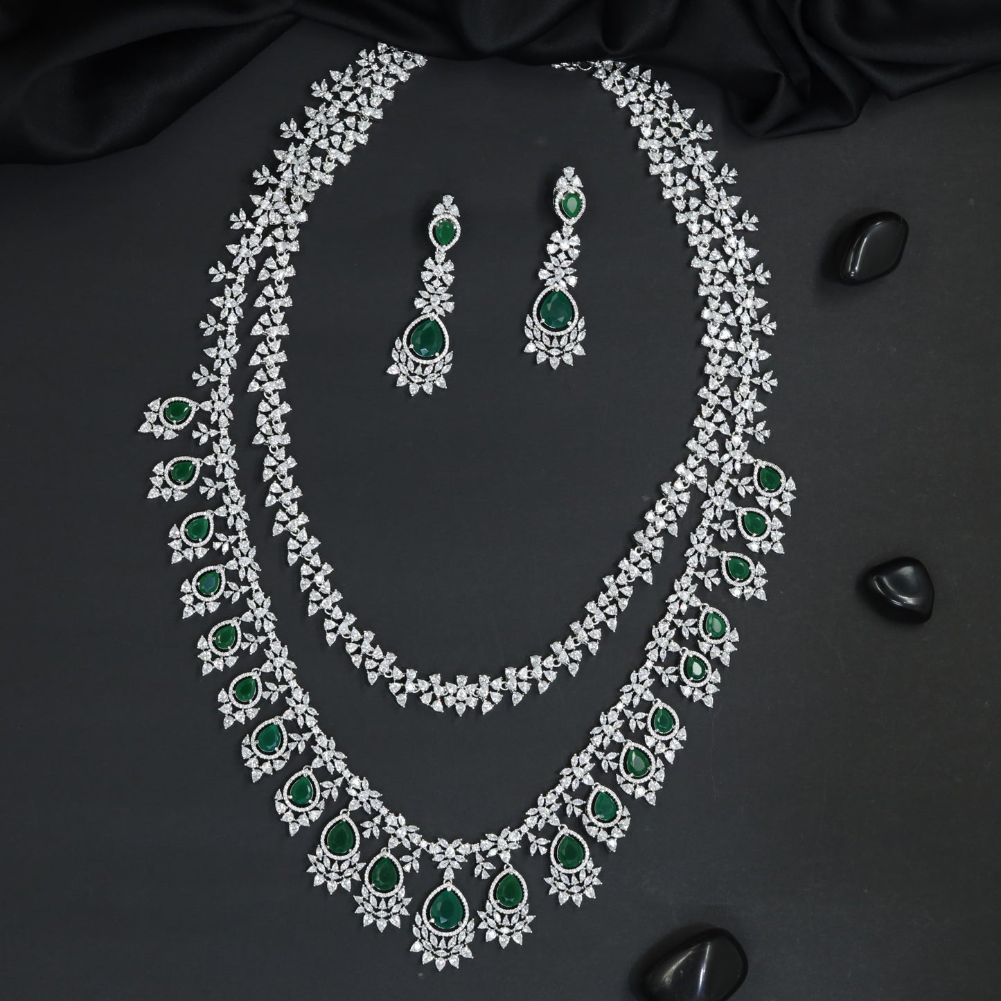 Trendy Rosette Border Rhodium Long Haara with Layered Construction