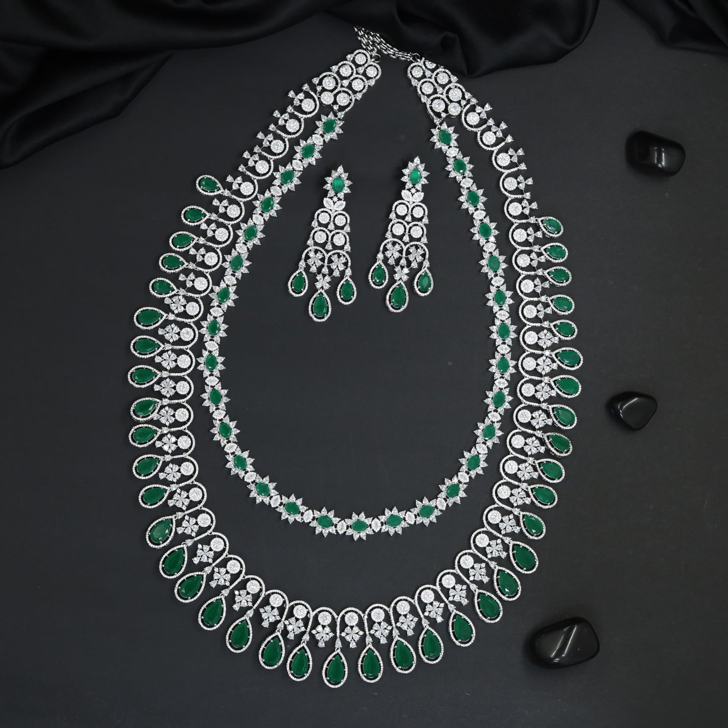 Modern Bridal Rhodium Long Haara with Cascading Teardrop Accents