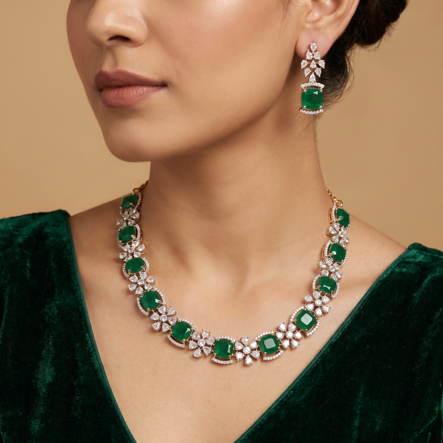 Premium Floral Collar GJ Necklace Set with Coordinated Earrings