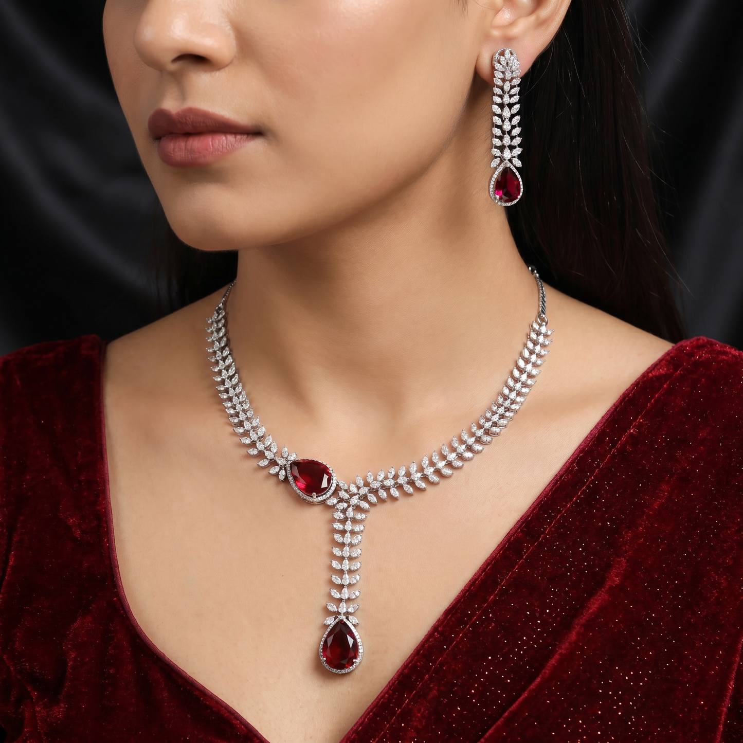 Statement V-Drape Rhodium Necklace Set with Elongated Drop Design