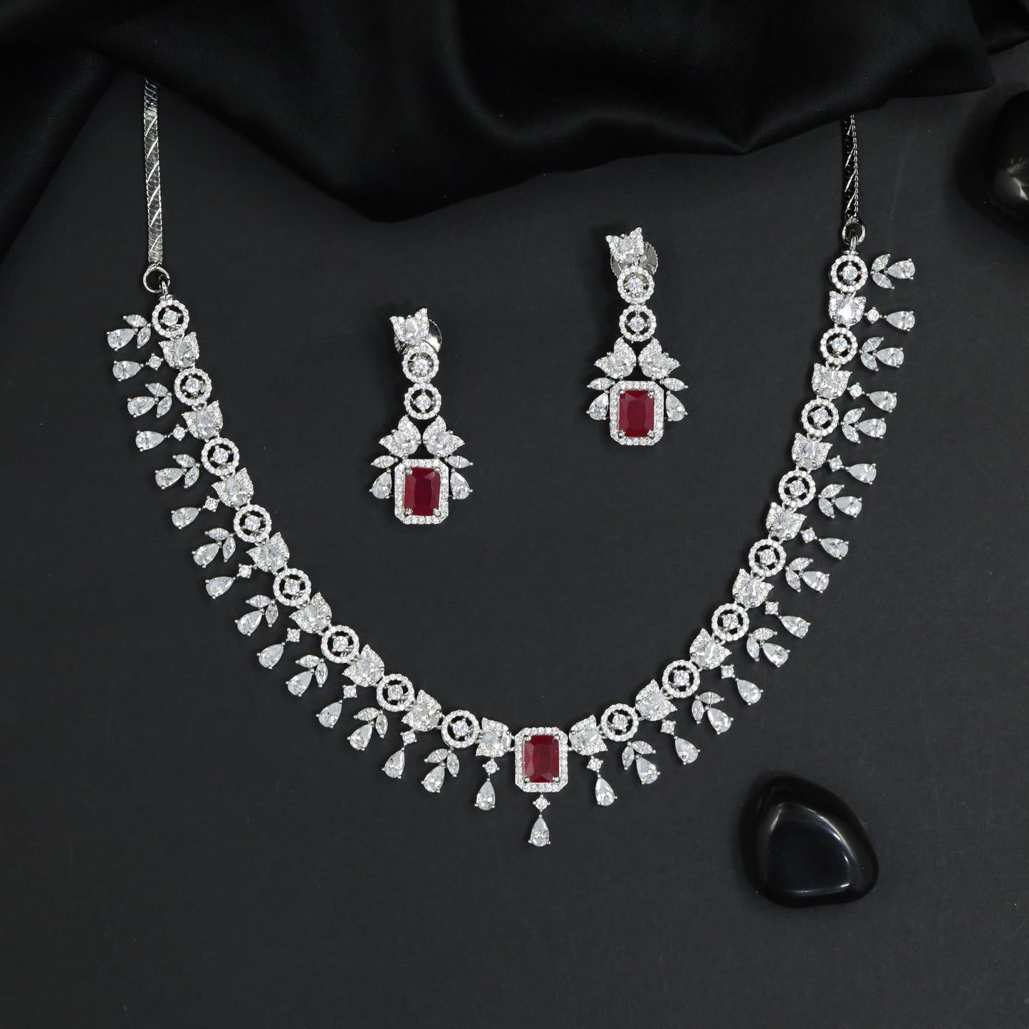 Modern Botanical Rhodium Necklace Set with Statement Drop Earrings
