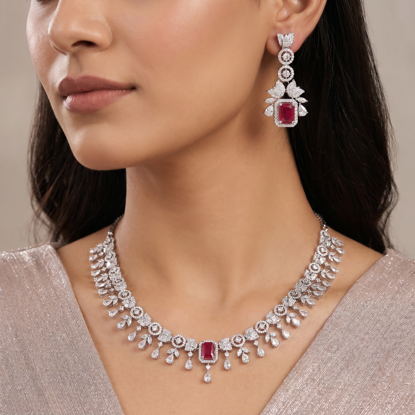 Modern Botanical Rhodium Necklace Set with Statement Drop Earrings