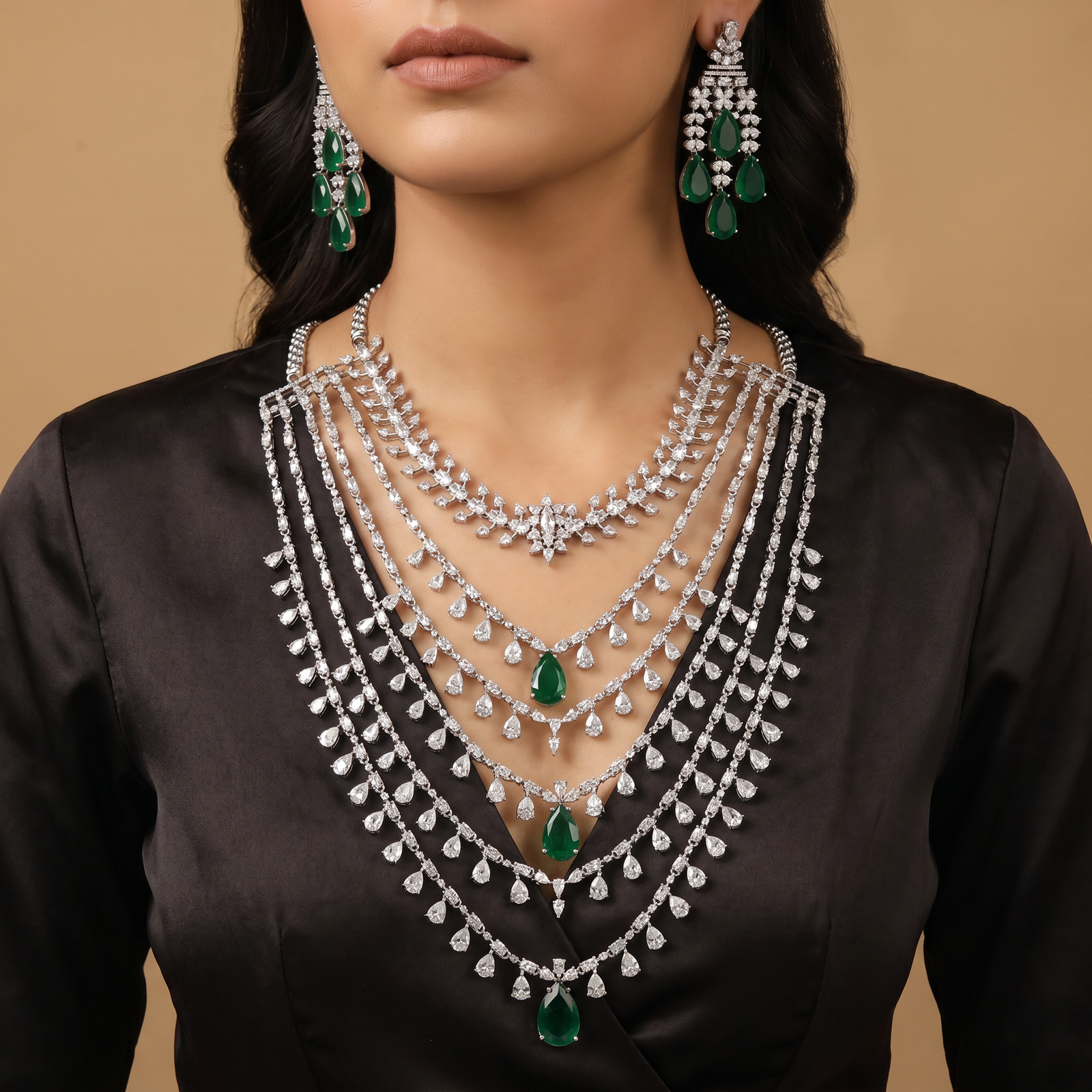 Premium Multi Layer Rhodium Long Haara with Statement Drop Elements