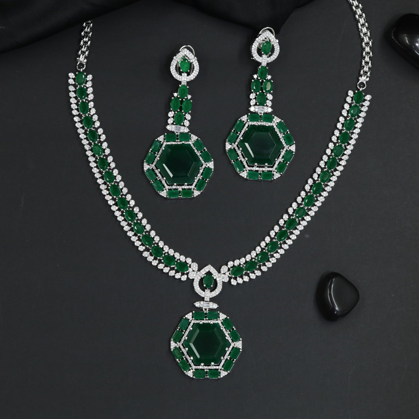 Chic Double Strand Rhodium Necklace Set with Open Frame Drops