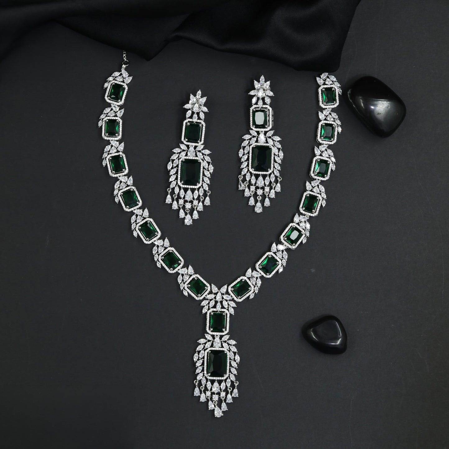 Geometric Rhodium Necklace with Rectangular Centre Settings and Floral Linkwork
