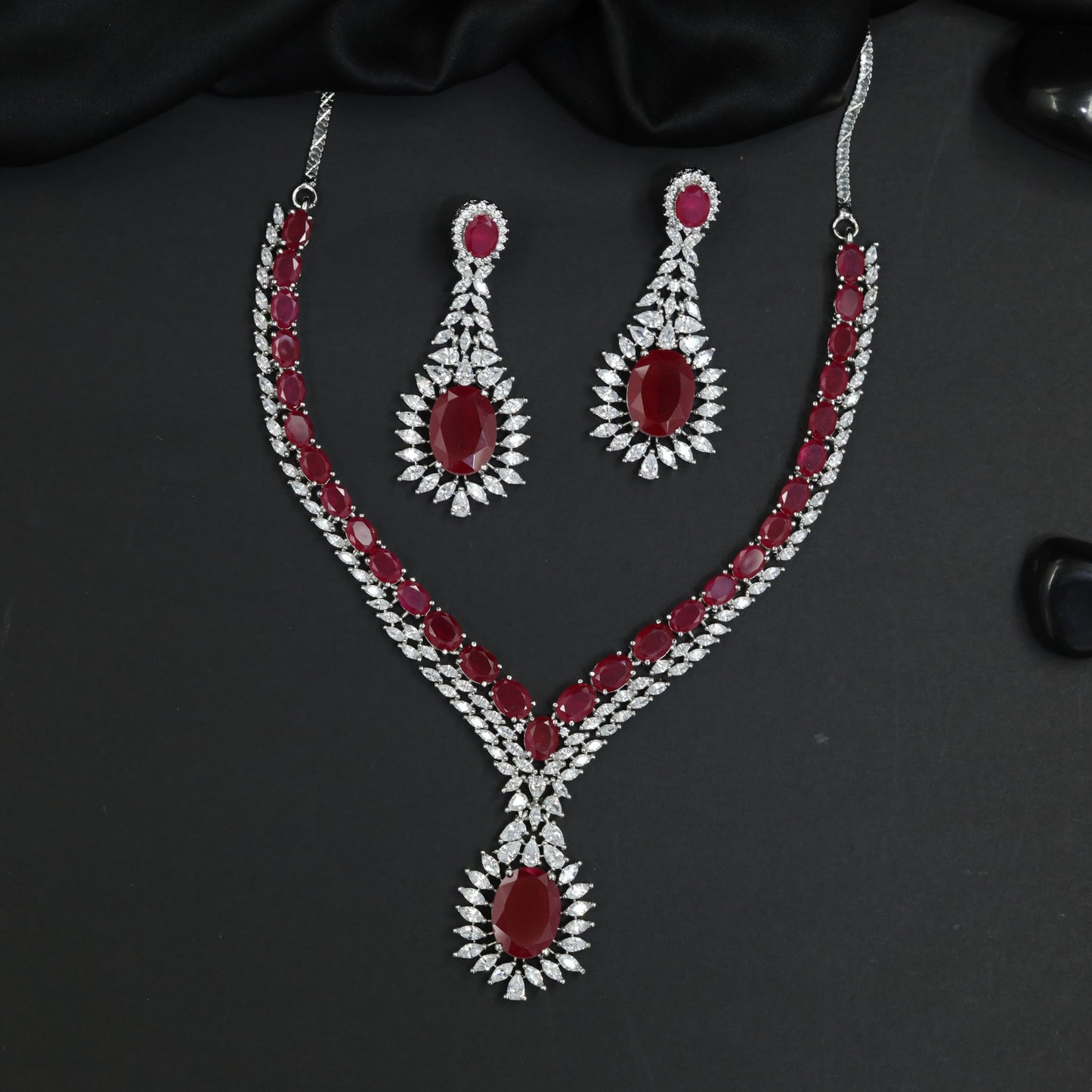 Signature rhodium necklace featuring couture gemstone artistry