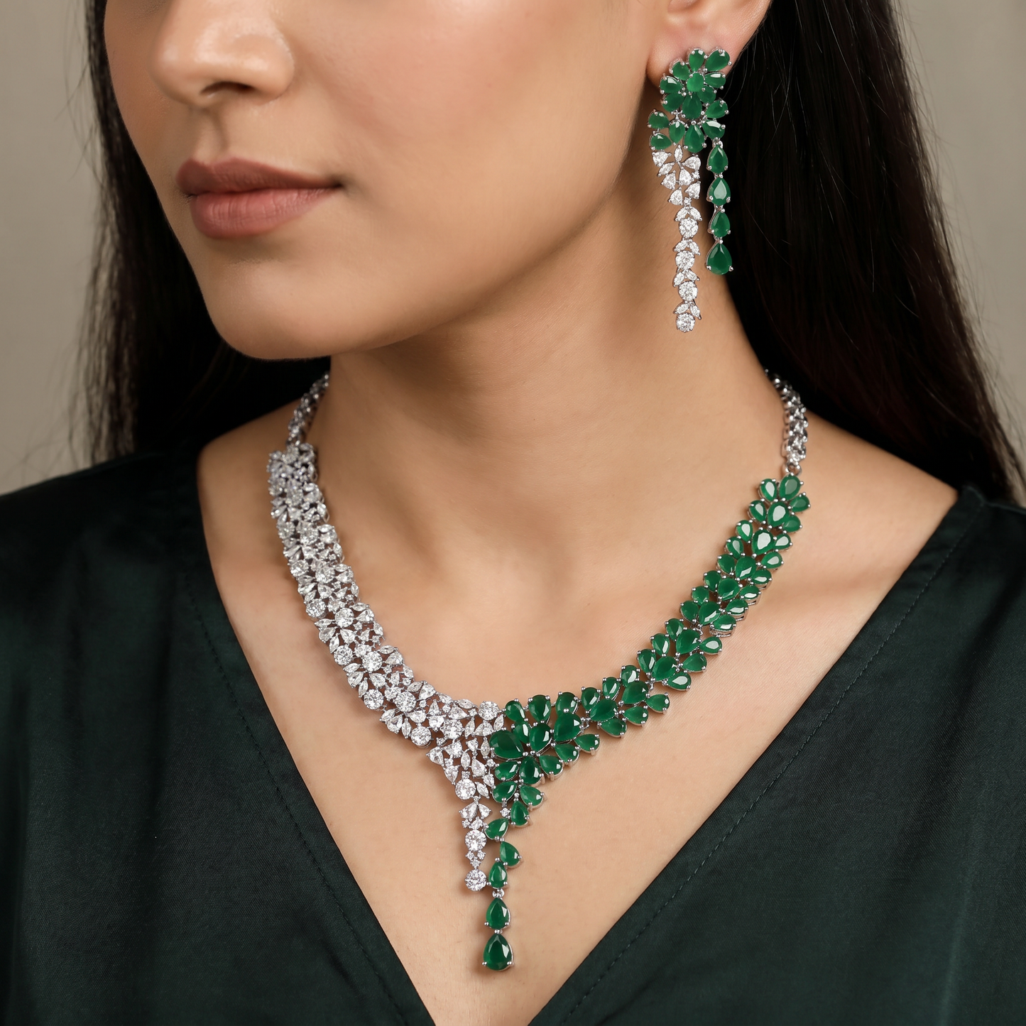 Majestic rhodium necklace with tiered gemstone artistry